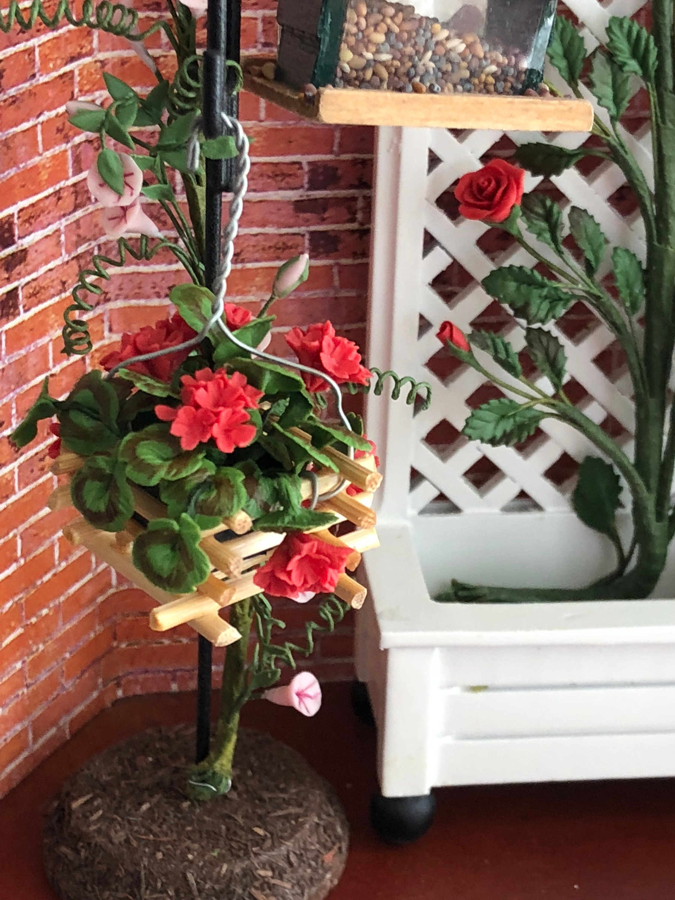 Miniature Geraniums, Wood Hanging Basket With Red Geraniums, Dollhouse