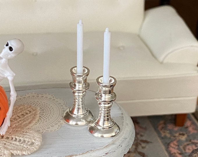 Miniature Silver Candlesticks with Candles, Style #85, Dollhouse Miniature, 1:12 Scale, Dollhouse Decor Accessory, Mini Candle Sticks