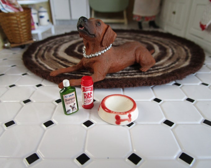Miniature Dog Products, Flea Spray, Shampoo and Ceramic Dog Dish, Dollhouse Miniatures, 1:12 Scale, Dollhouse Decor, Accessories