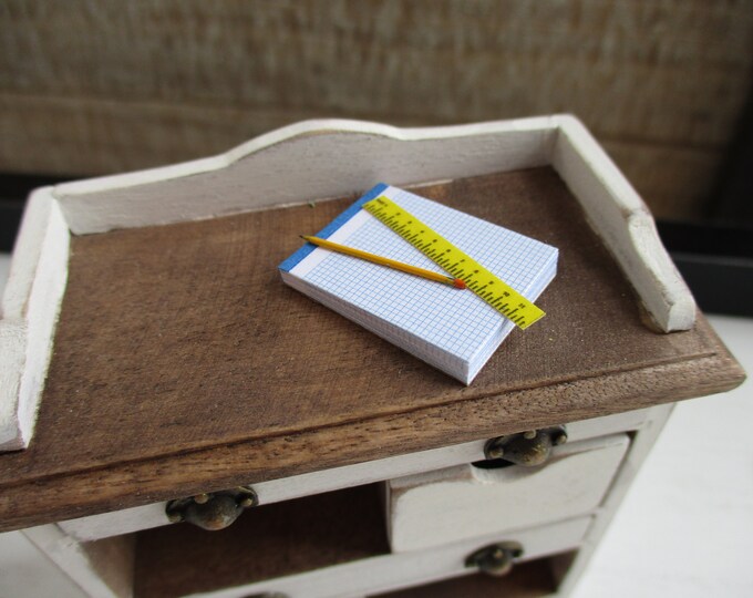 Miniature Paper Pencil Set, Graph Paper Pad, Ruler and Pencil, 3 Piece Set, Dollhouse Miniatures, 1:12 Scale, Accessory, Mini Office