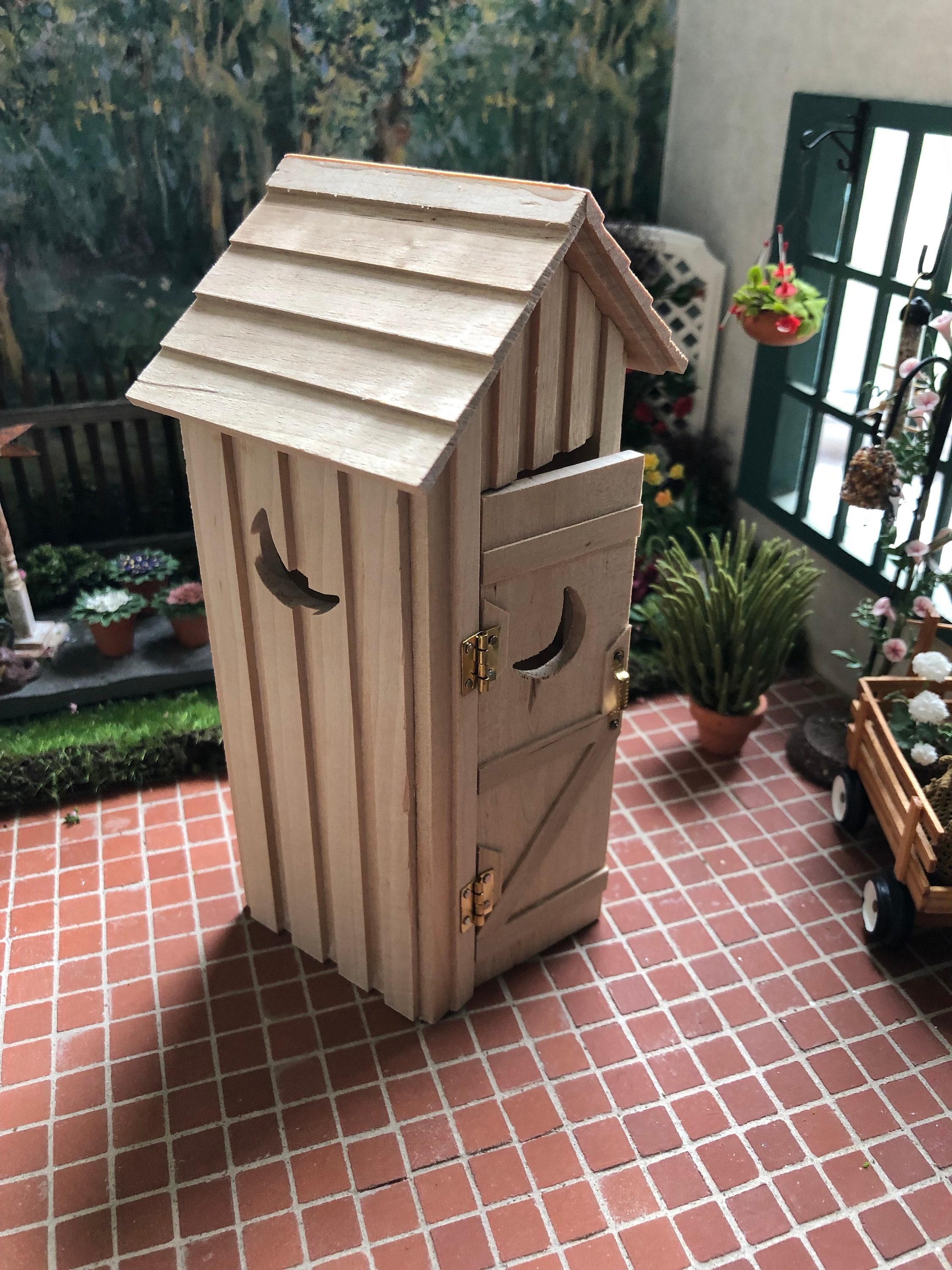 Miniature Outhouse, Mini Unfinished Wood Outhouse, Dollhouse Miniature, 112 Scale, Wood Out