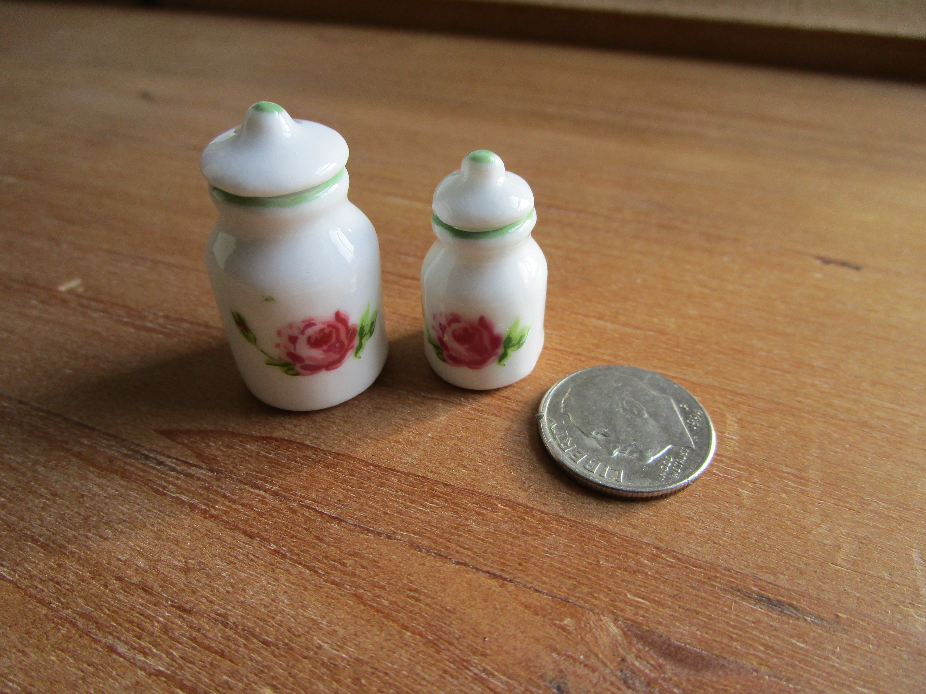 Miniature Rose Jars, Mini Ceramic Rose Jars With Removable Tops, 2 Piece Set, Style 24