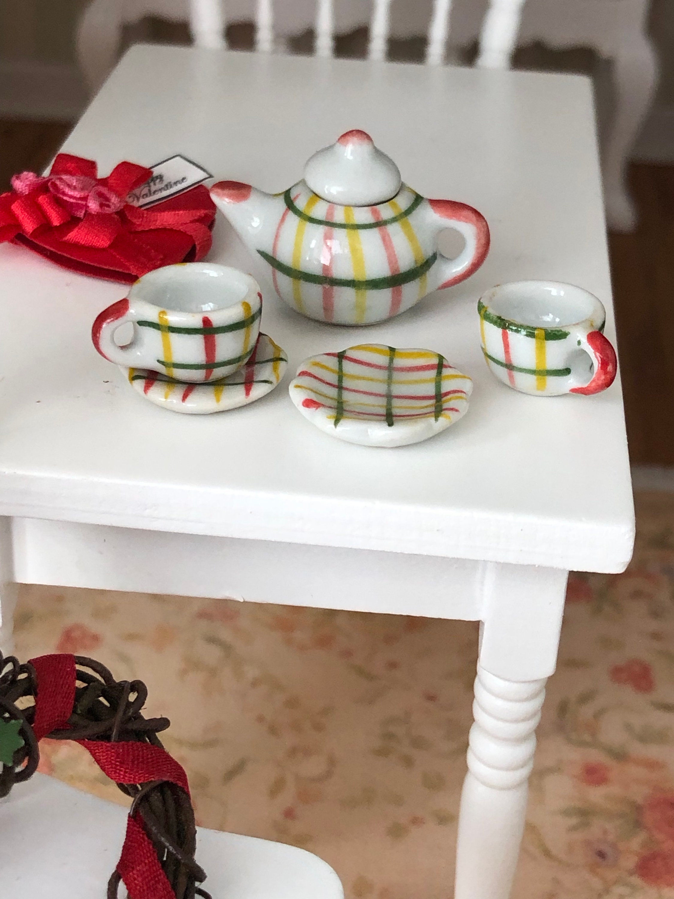 Miniature Tea Set, Plaid Painted Ceramic 6 Piece Mini Tea Set