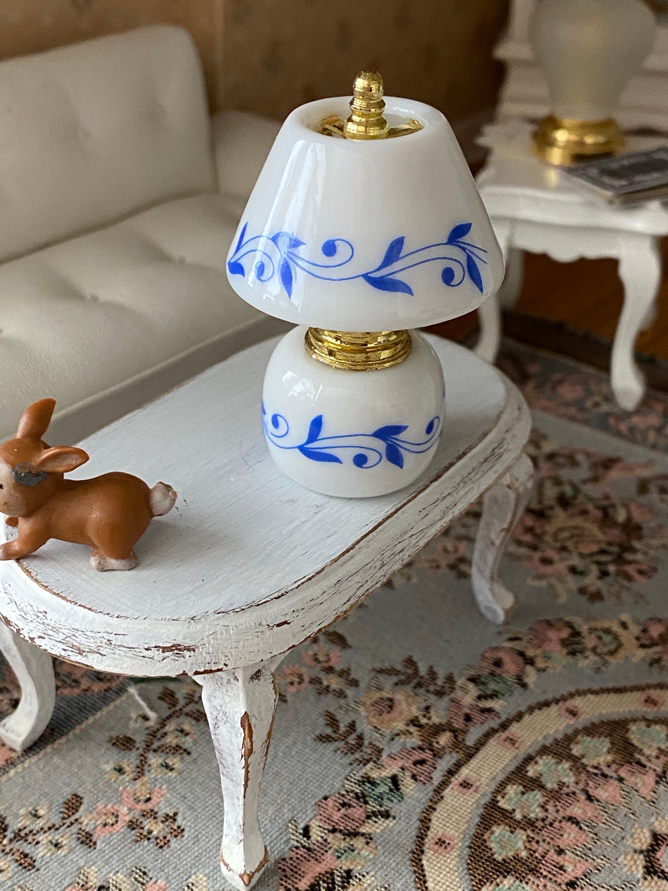 Miniature Table Lamp, Mini Blue and White Ceramic Lamp, Dollhouse