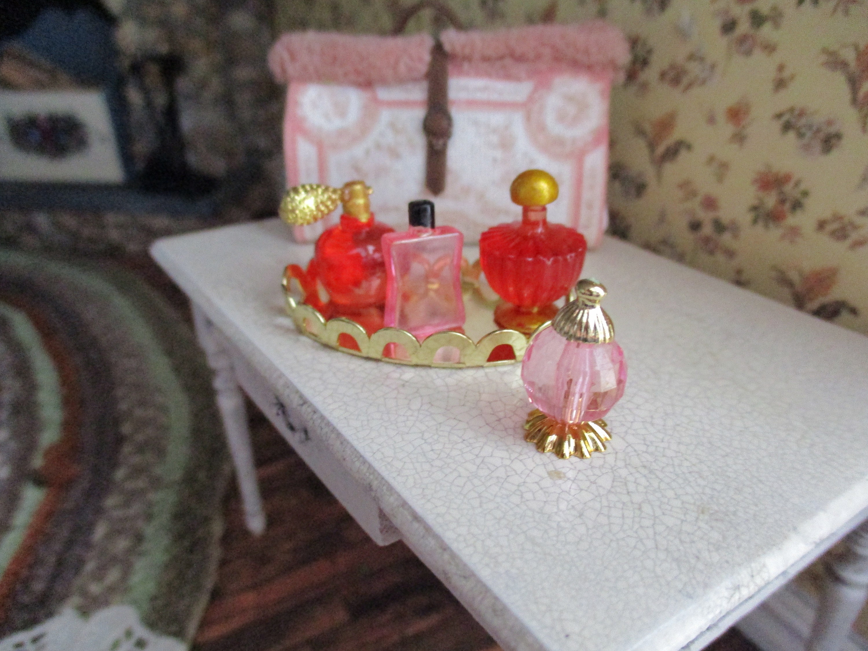 Miniature Perfume Set, Mini Perfume Bottles and Gold Dresser Tray, 5