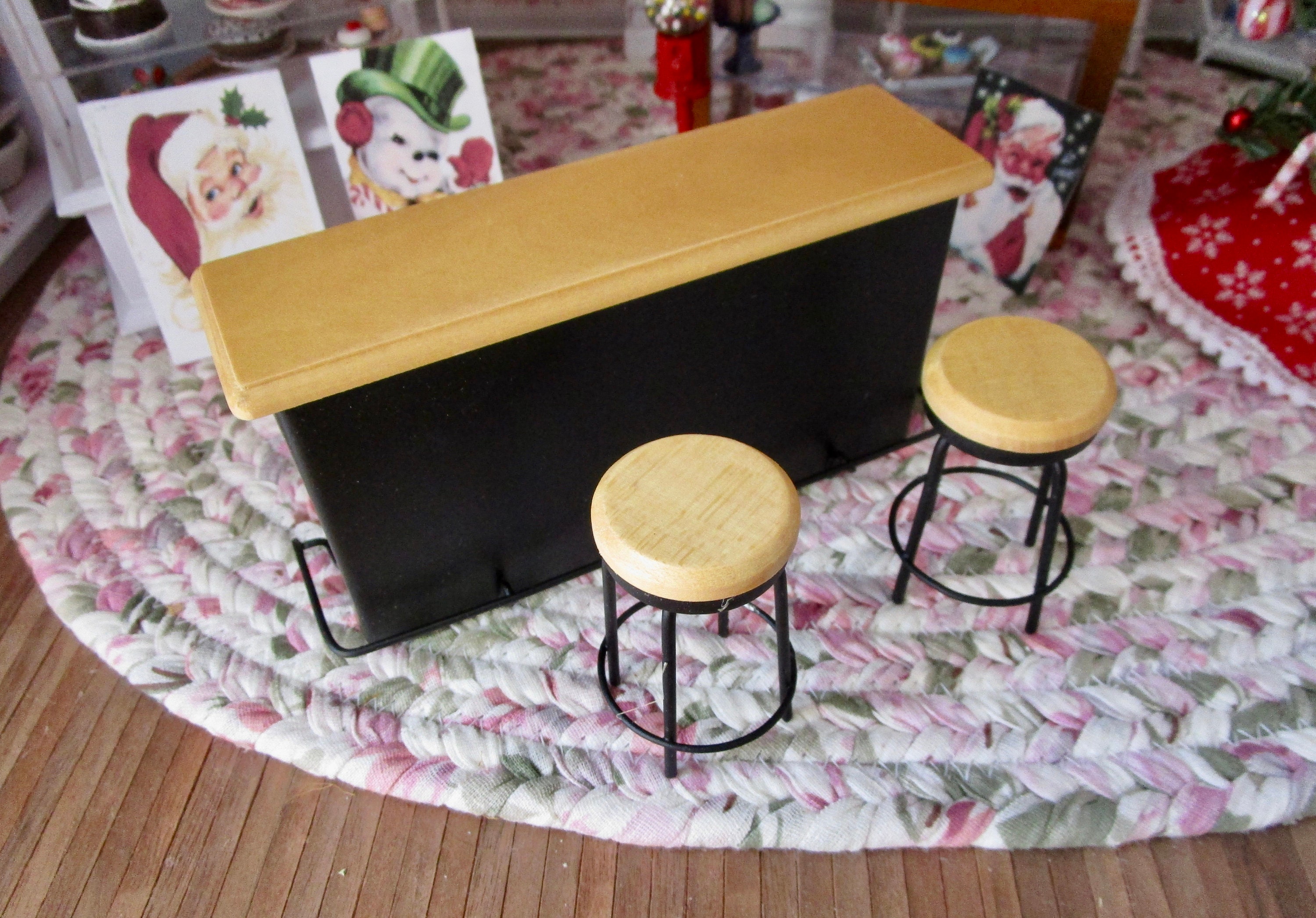Miniature Counter And Stool Set, Mini Black Metal And Wood Bar Counter