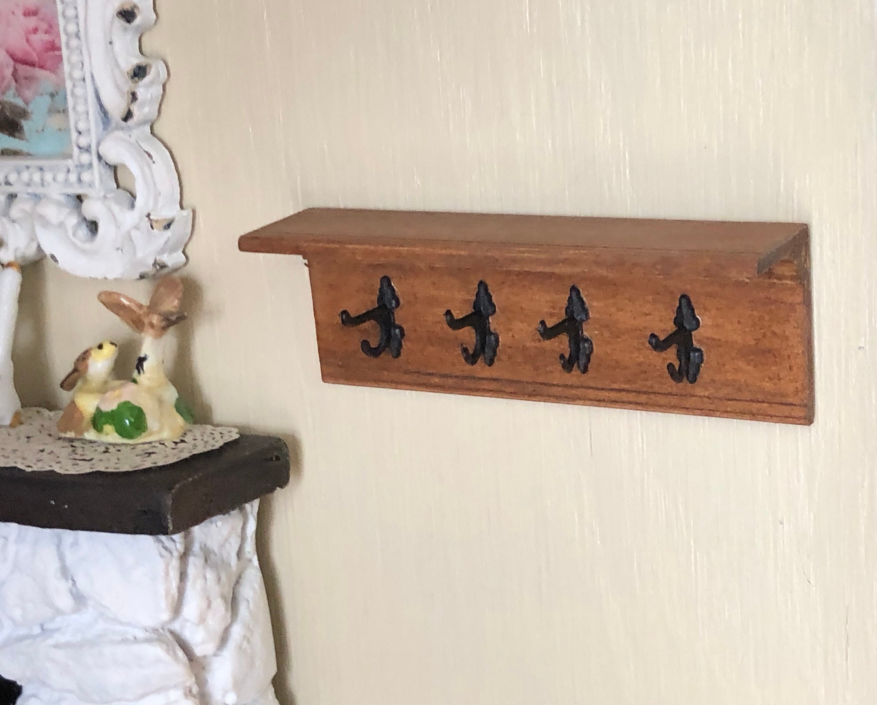 Miniature Coat Rack Shelf, Mini Shelf with 4 Hooks, Wood Shelf
