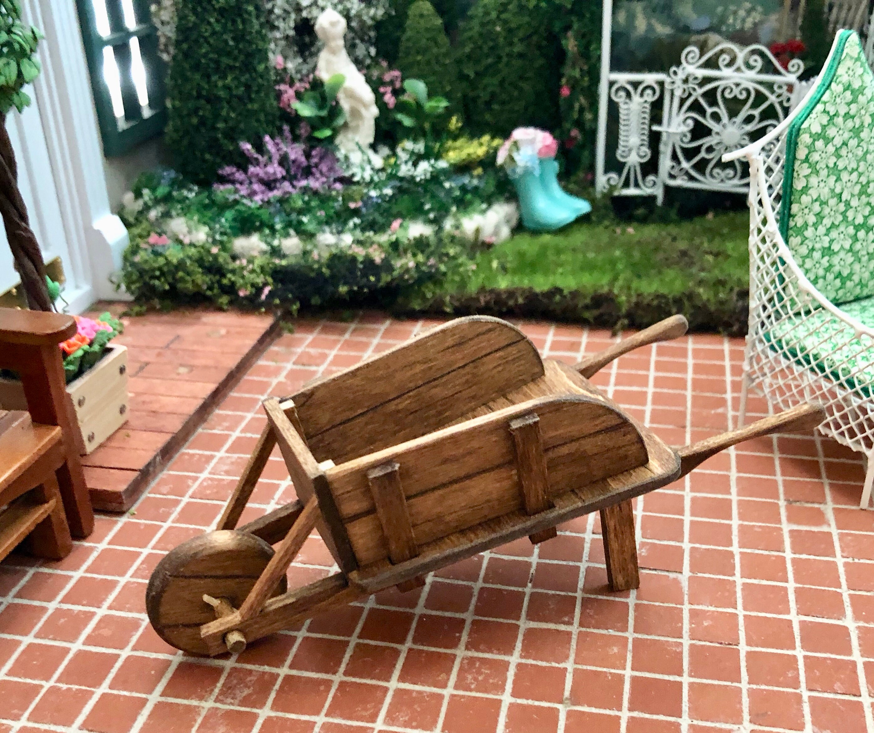 Miniature Wheelbarrow, Hand Crafted Wood Wheelbarrow, Dollhouse Miniature, 112 Scale, Dollhouse