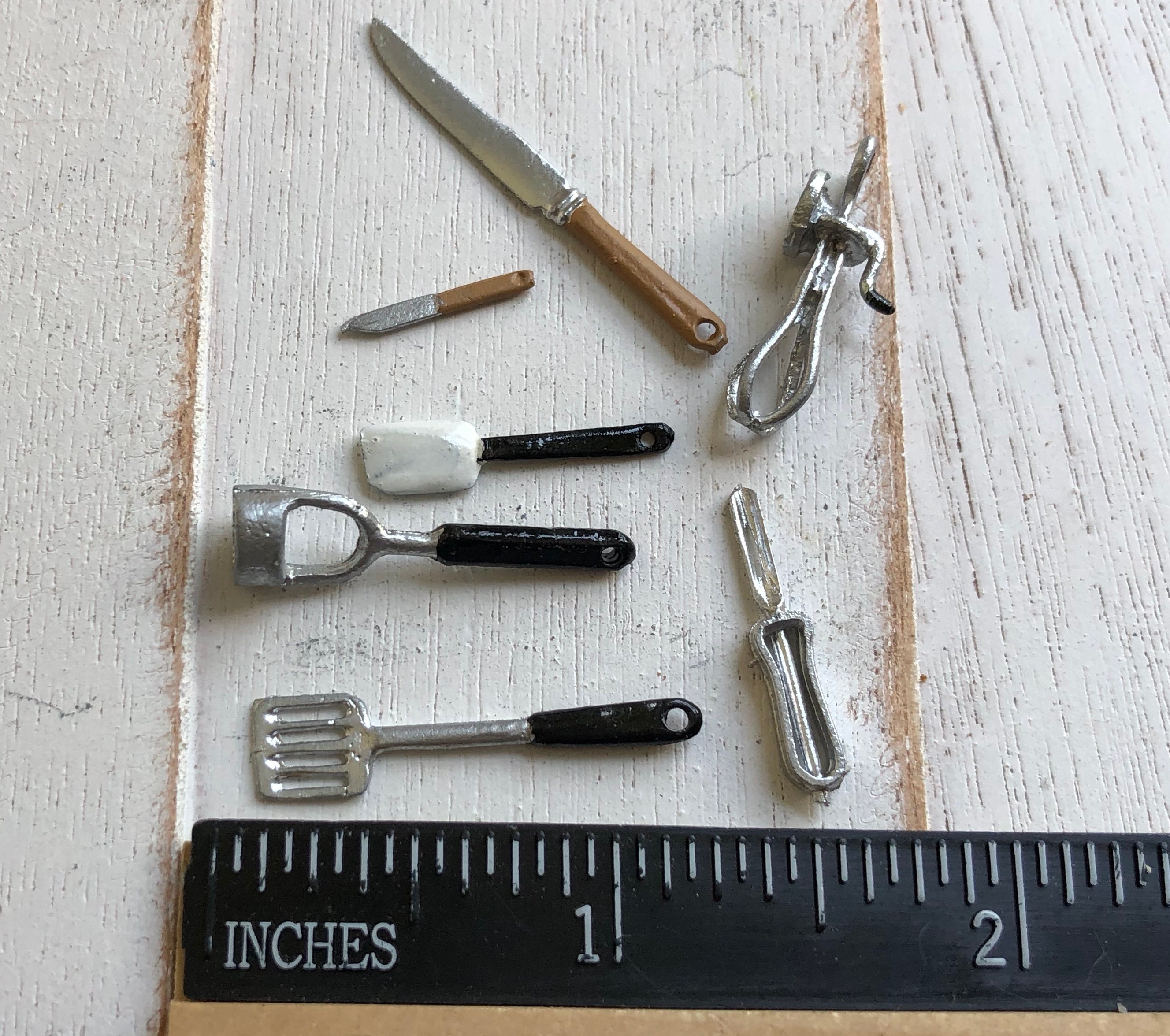 Miniature Kitchen Utensil Set, Mini Kitchen Implements, 7 Piece Set, Beater, Spatula, Knives