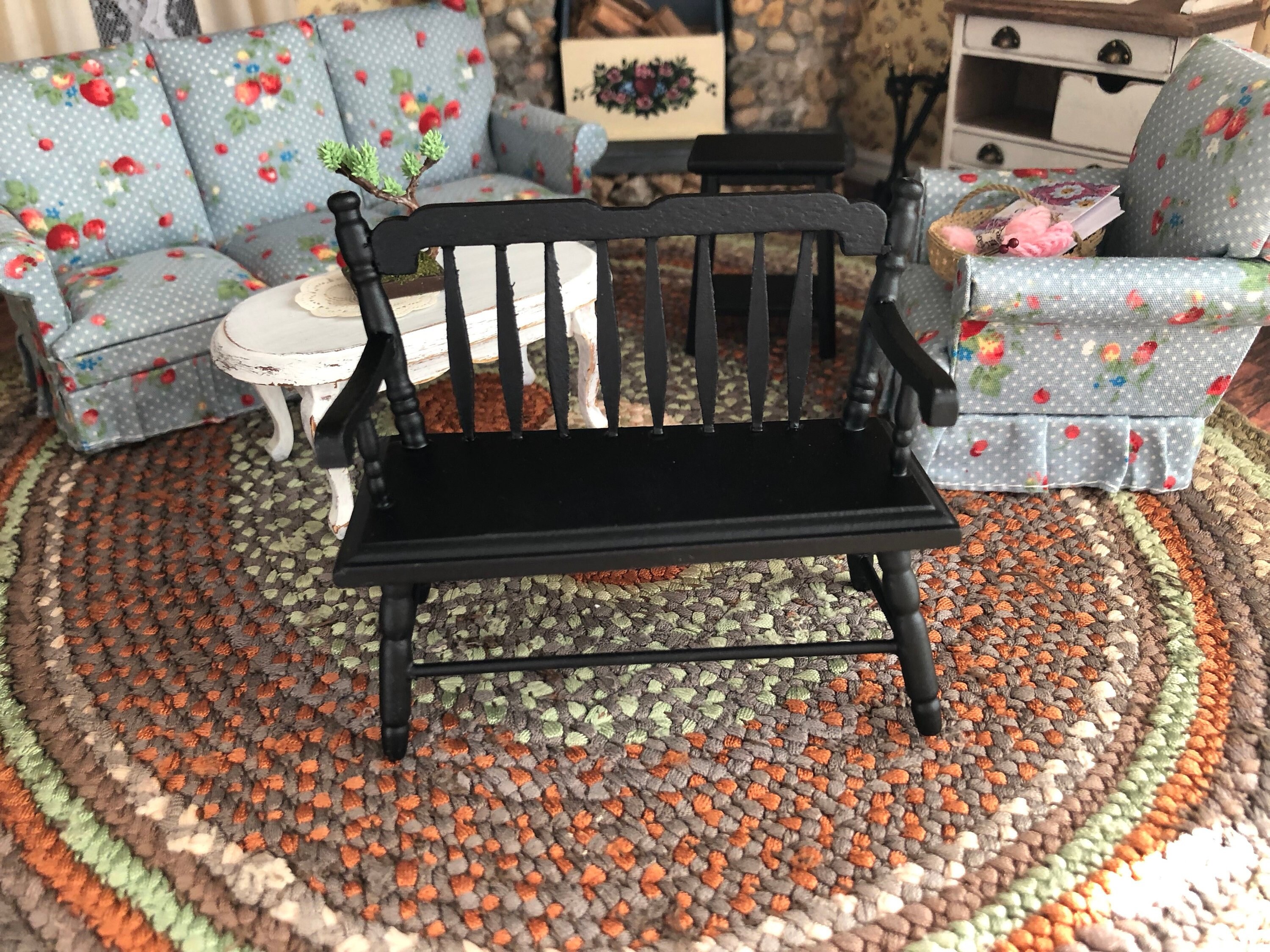 Miniature Black Deacon Bench Mini Wood Bench Dollhouse Miniature