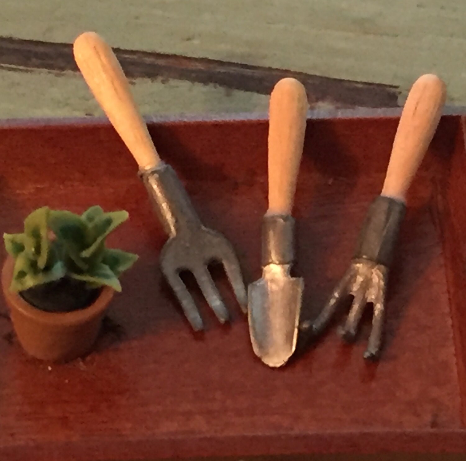 Miniature Gardening Tools, Metal Tools, Wood Handles, 3 Piece Set