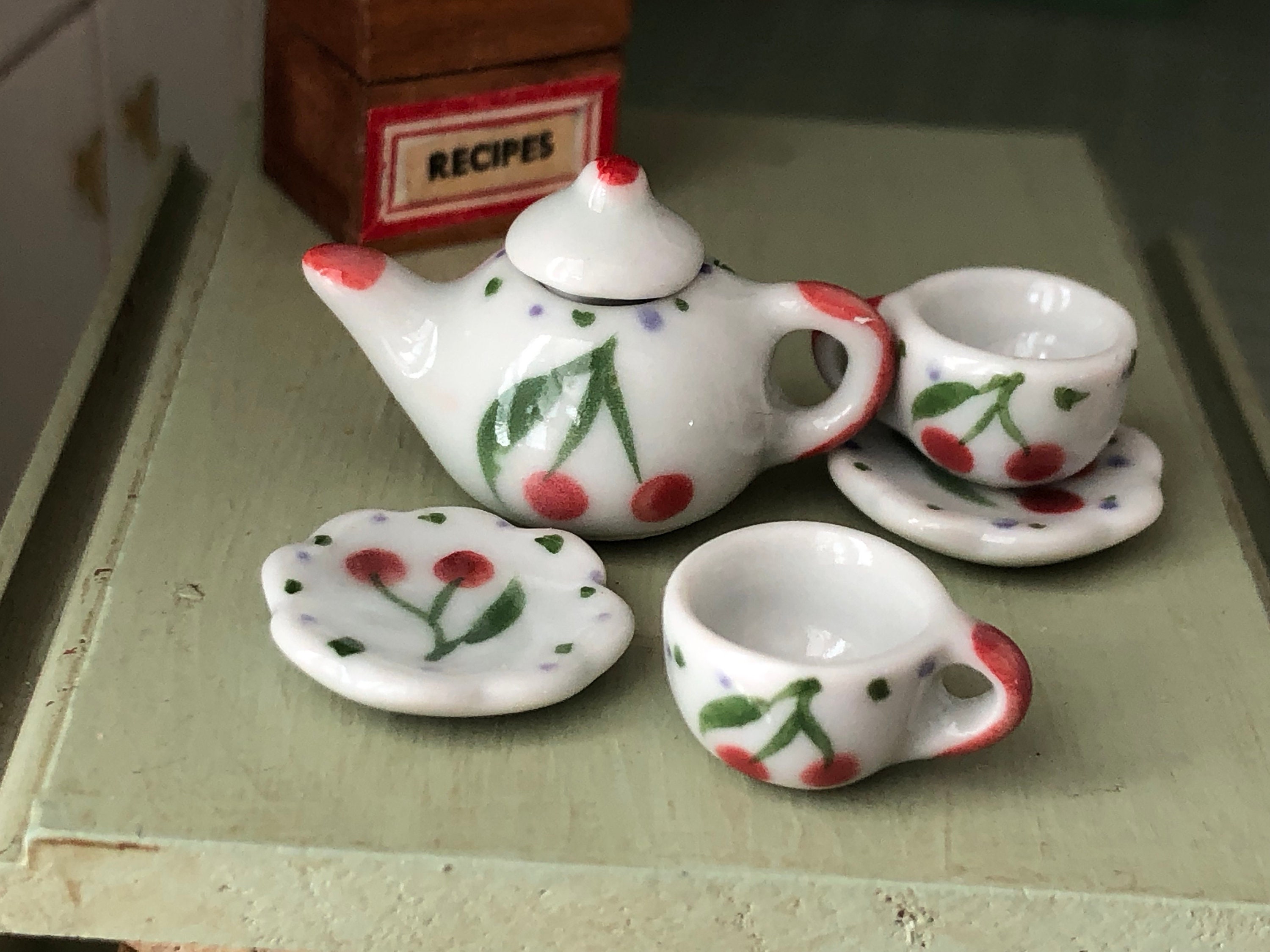 Miniature Tea Set, Cherry Painted Ceramic 6 Piece Mini Tea Set