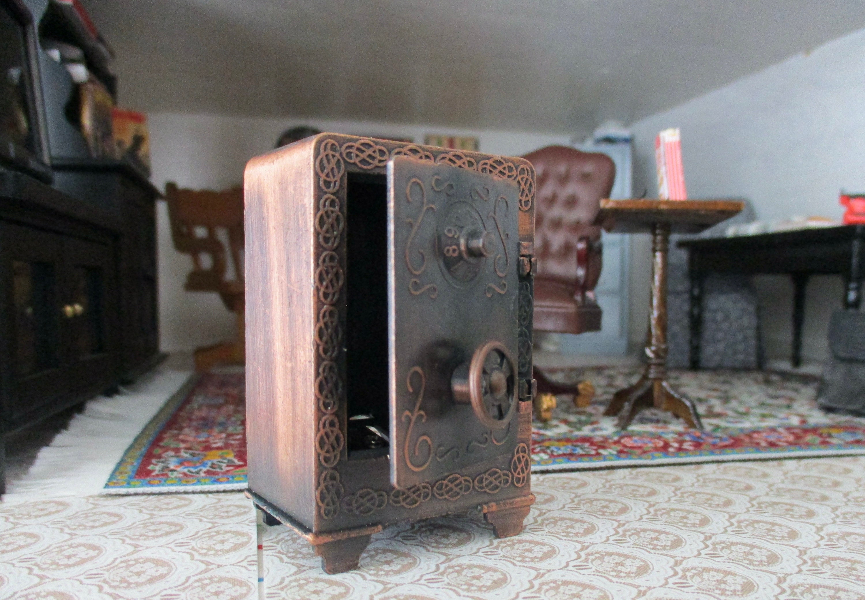 Miniature Safe, Bronze Finish Vintage Look Mini Safe, Dollhouse
