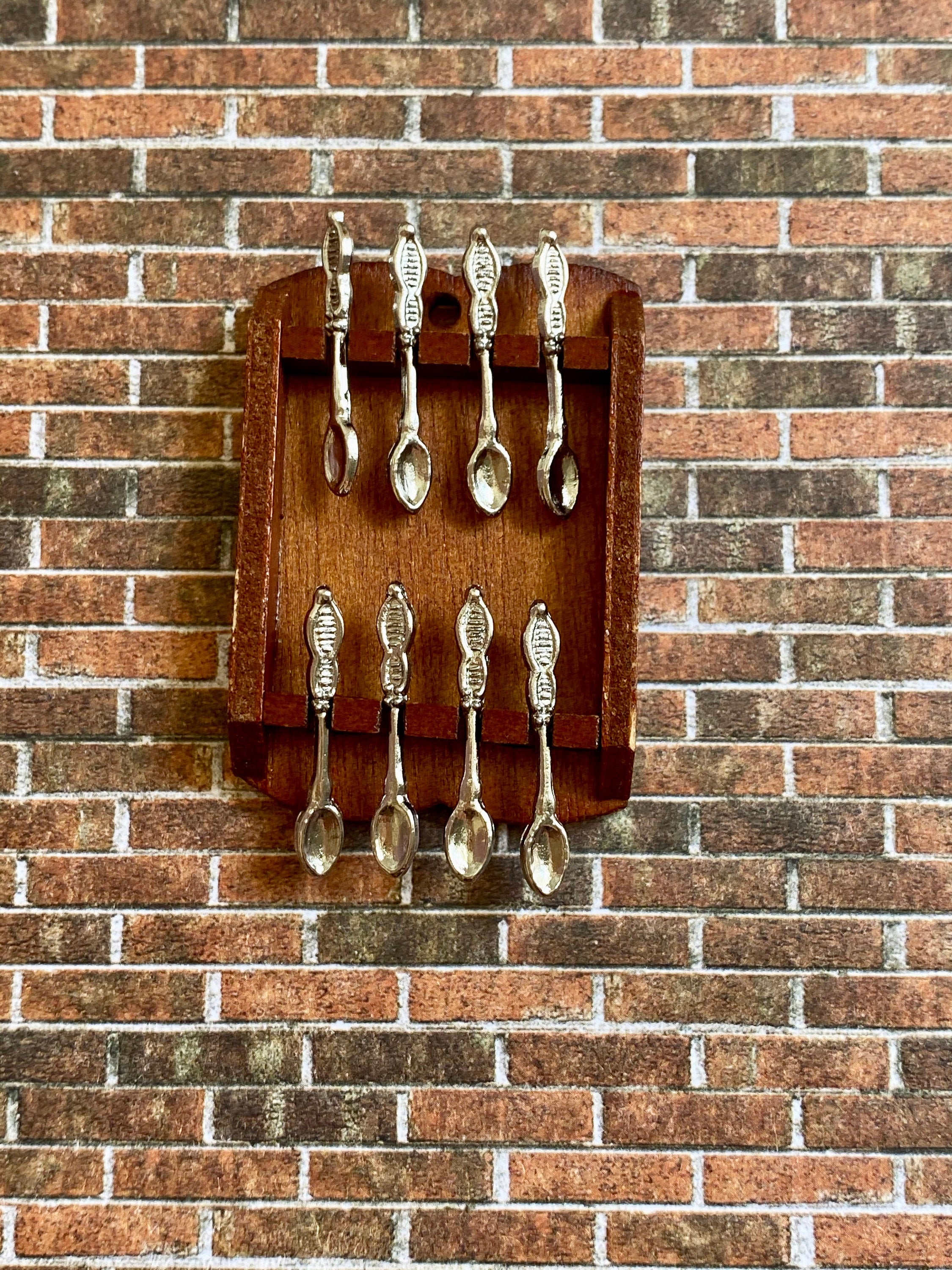 Miniature Spoon Rack, Mini Spoons and Rack Set, 9 Pieces, Dollhouse