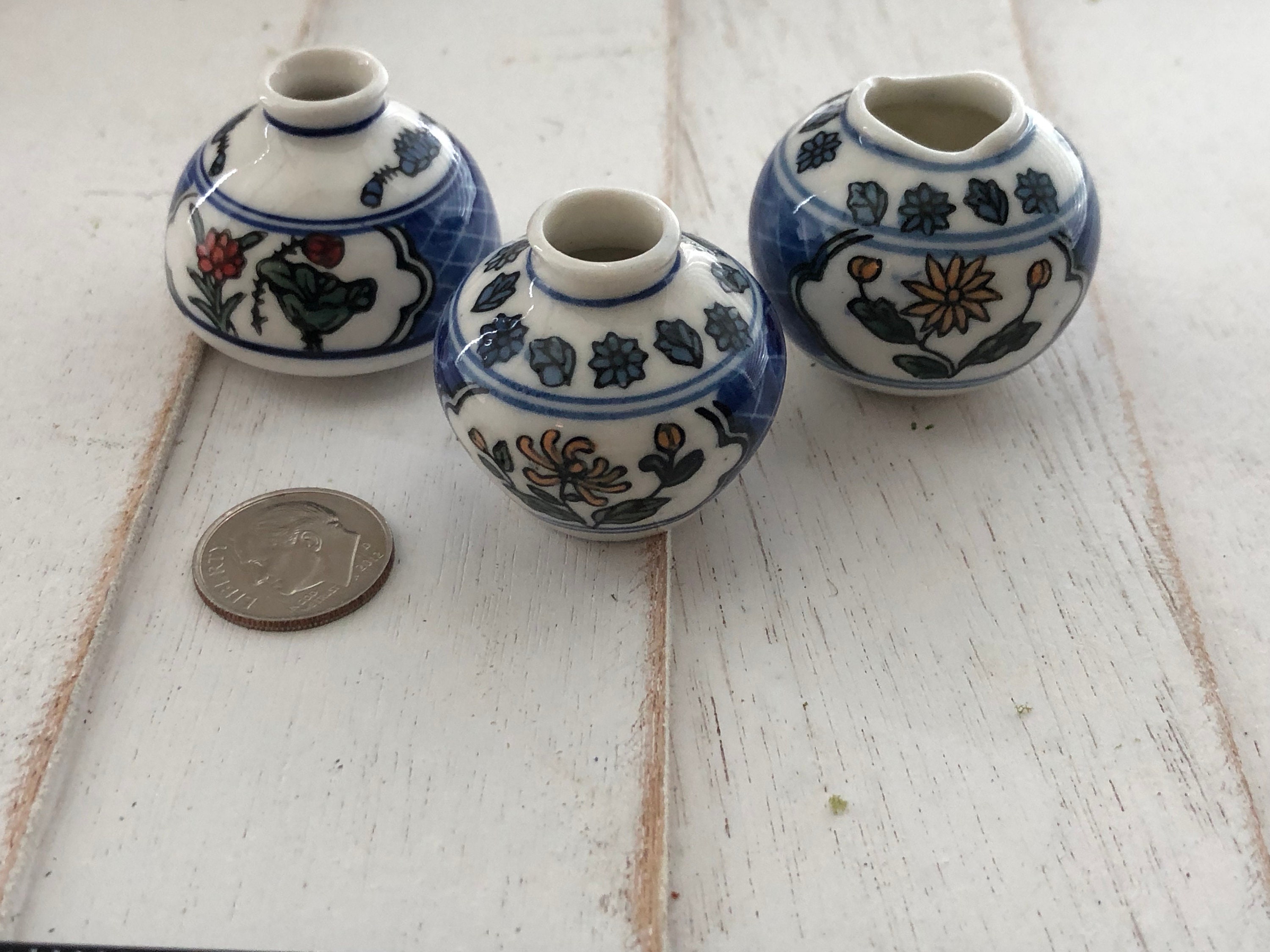 Miniature Ceramic Planter Vases, Set of 3 Blue White Floral Vase Set