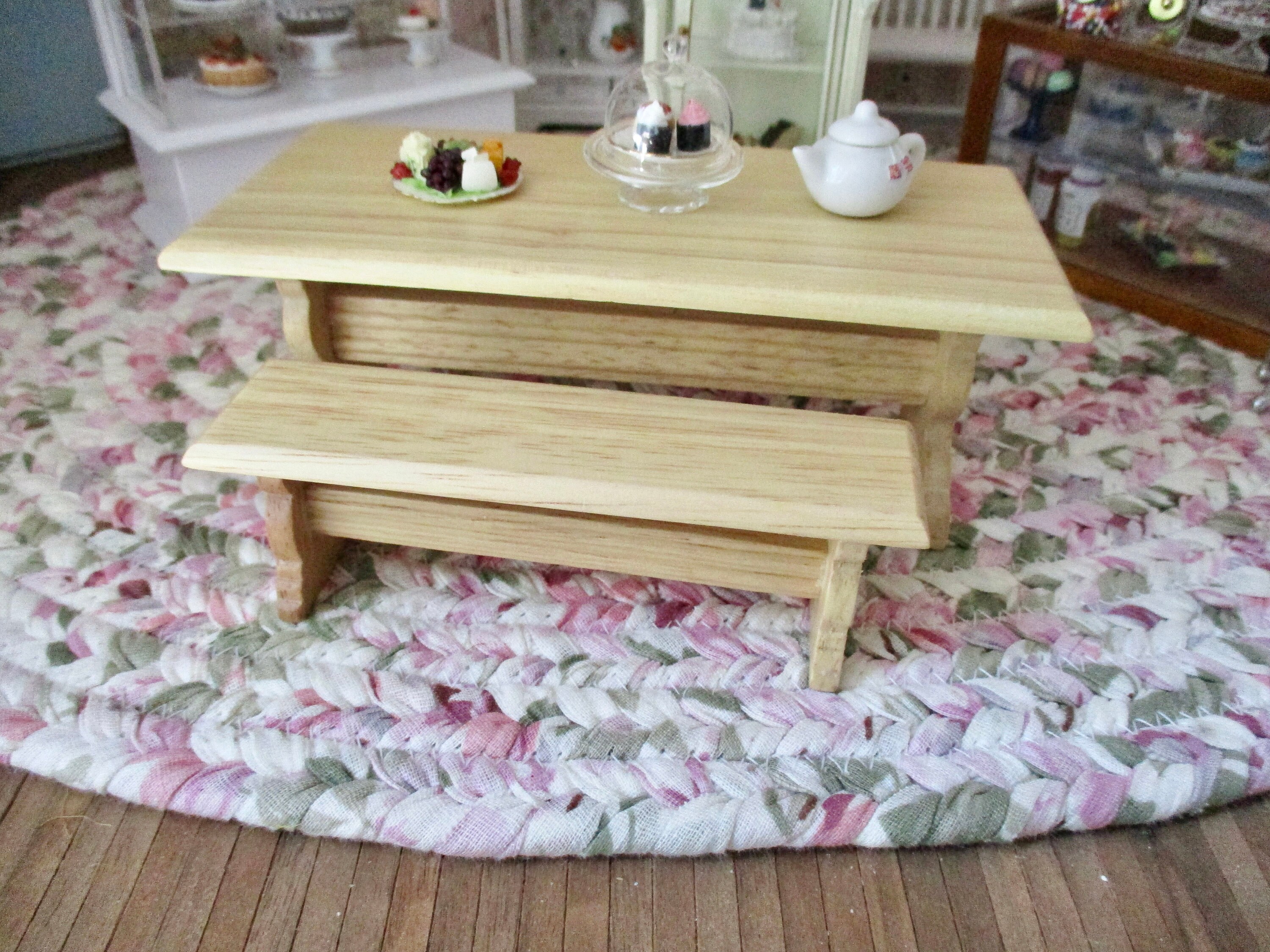 Miniature Table And Bench Set, Mini Wood Oak Finish Table With 2