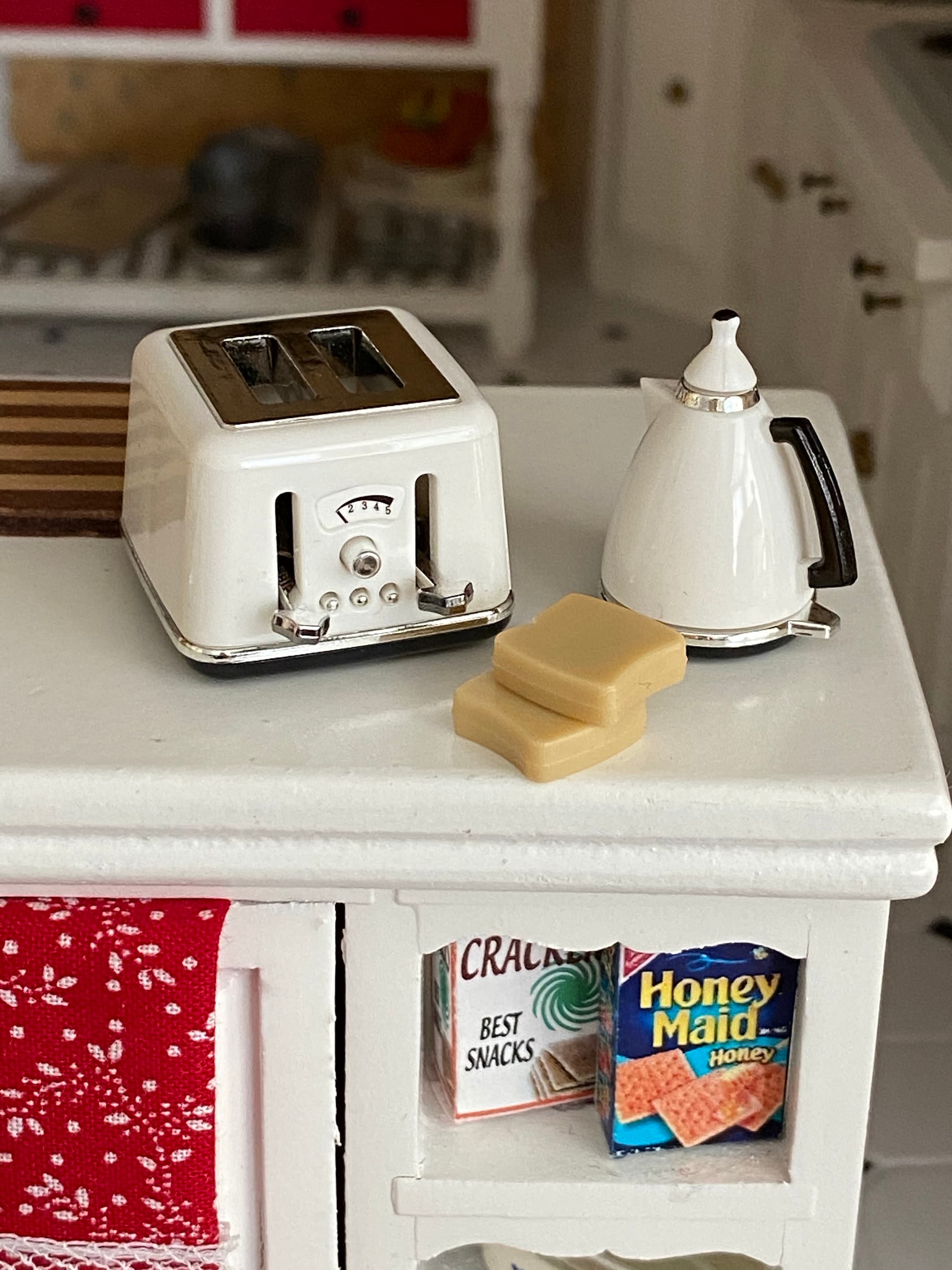 Miniature Coffee Pot and Toaster Set, 4 Piece Set with Mini Bread