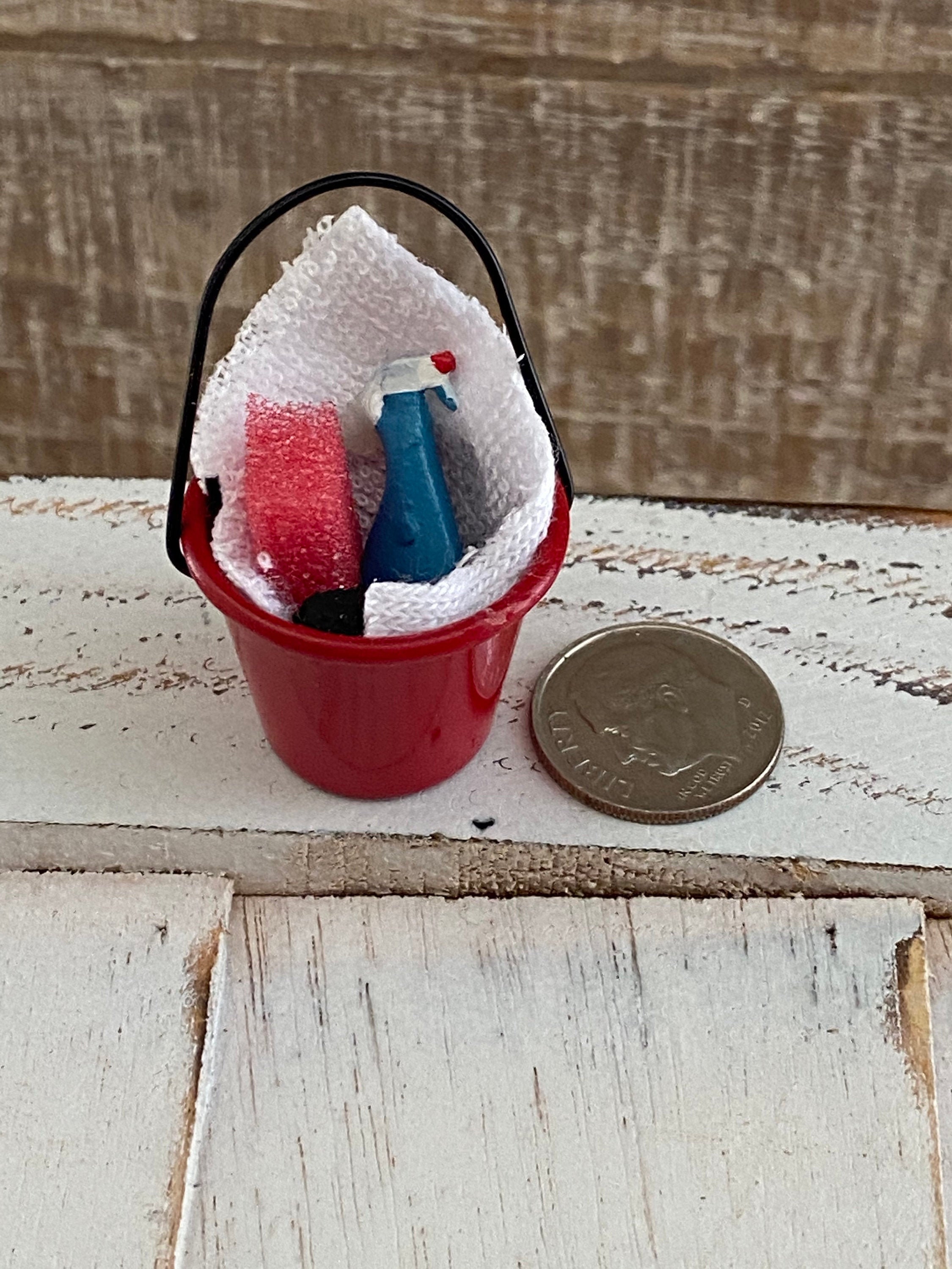 Miniature Bucket With Cleaning Supplies, Dollhouse Miniature, 112