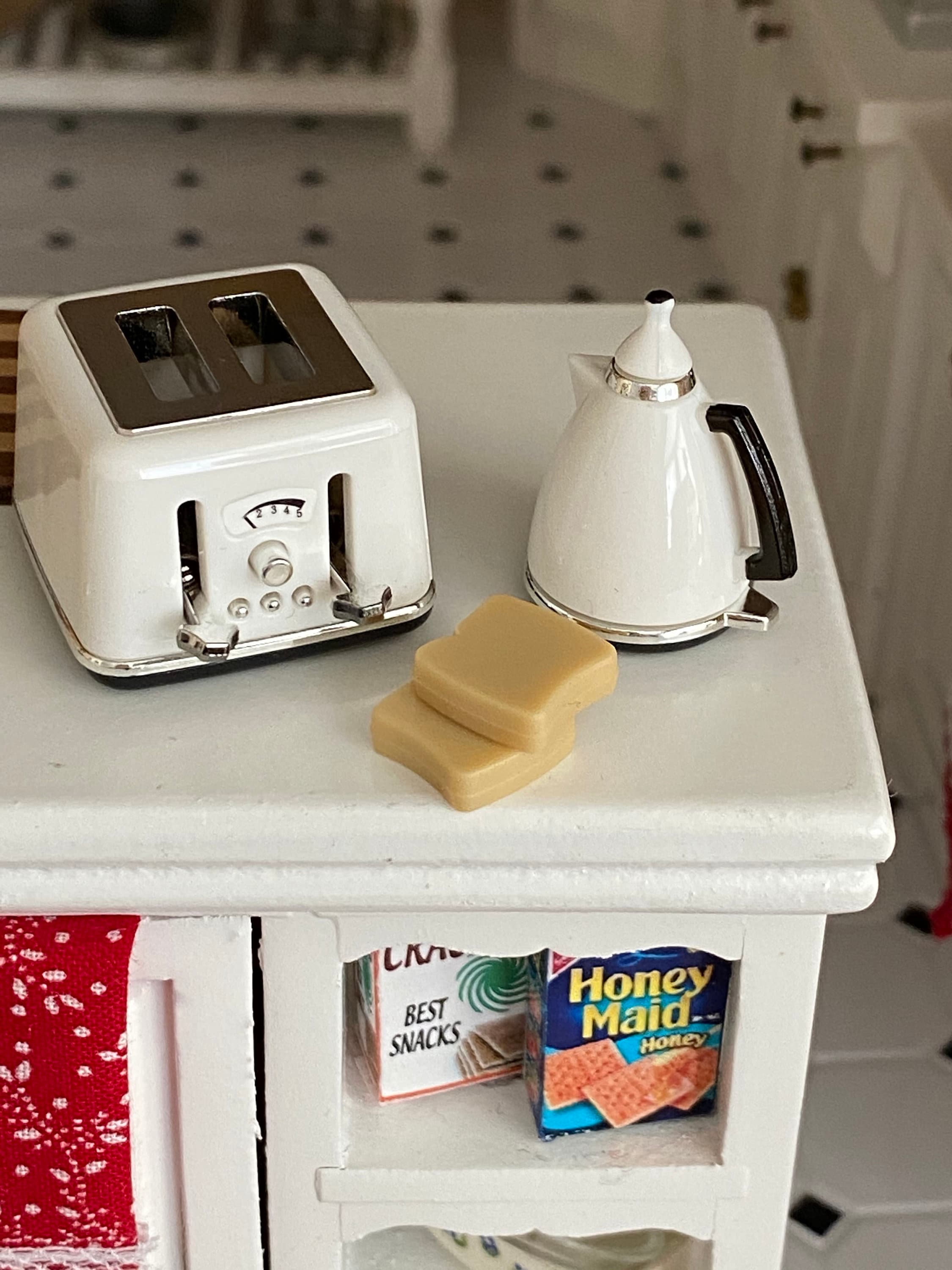 Miniature Coffee Pot and Toaster Set, 4 Piece Set with Mini Bread