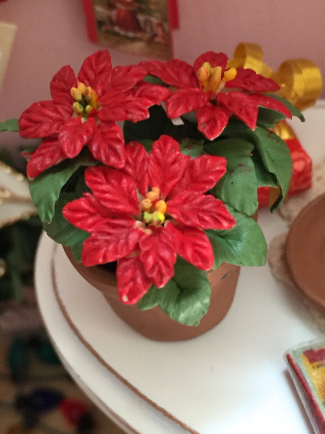 1:12 Scale Red Pointsettia Flowers In A Pot Doll House Miniature Accessory 