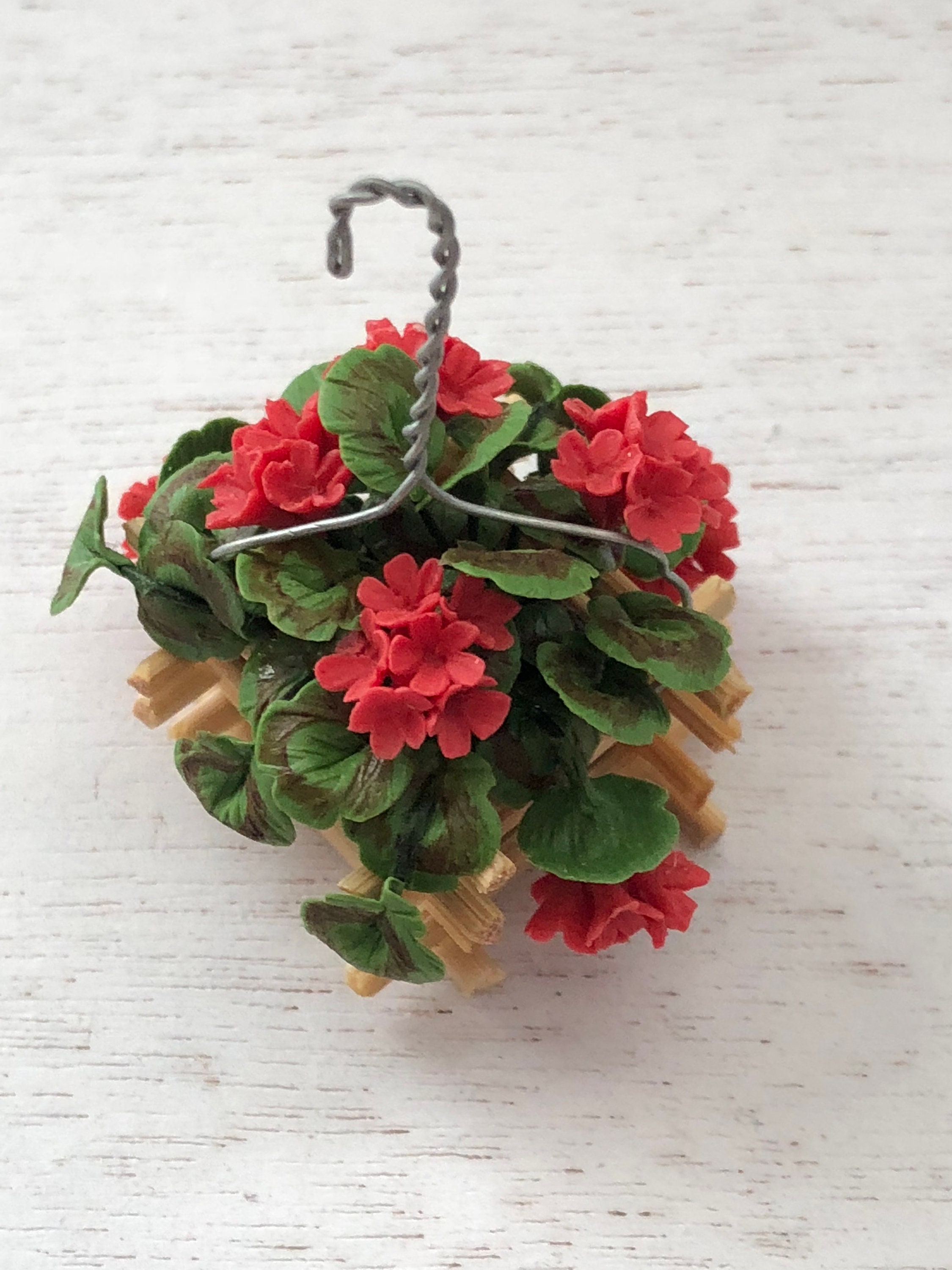 Miniature Geraniums, Wood Hanging Basket With Red Geraniums, Dollhouse