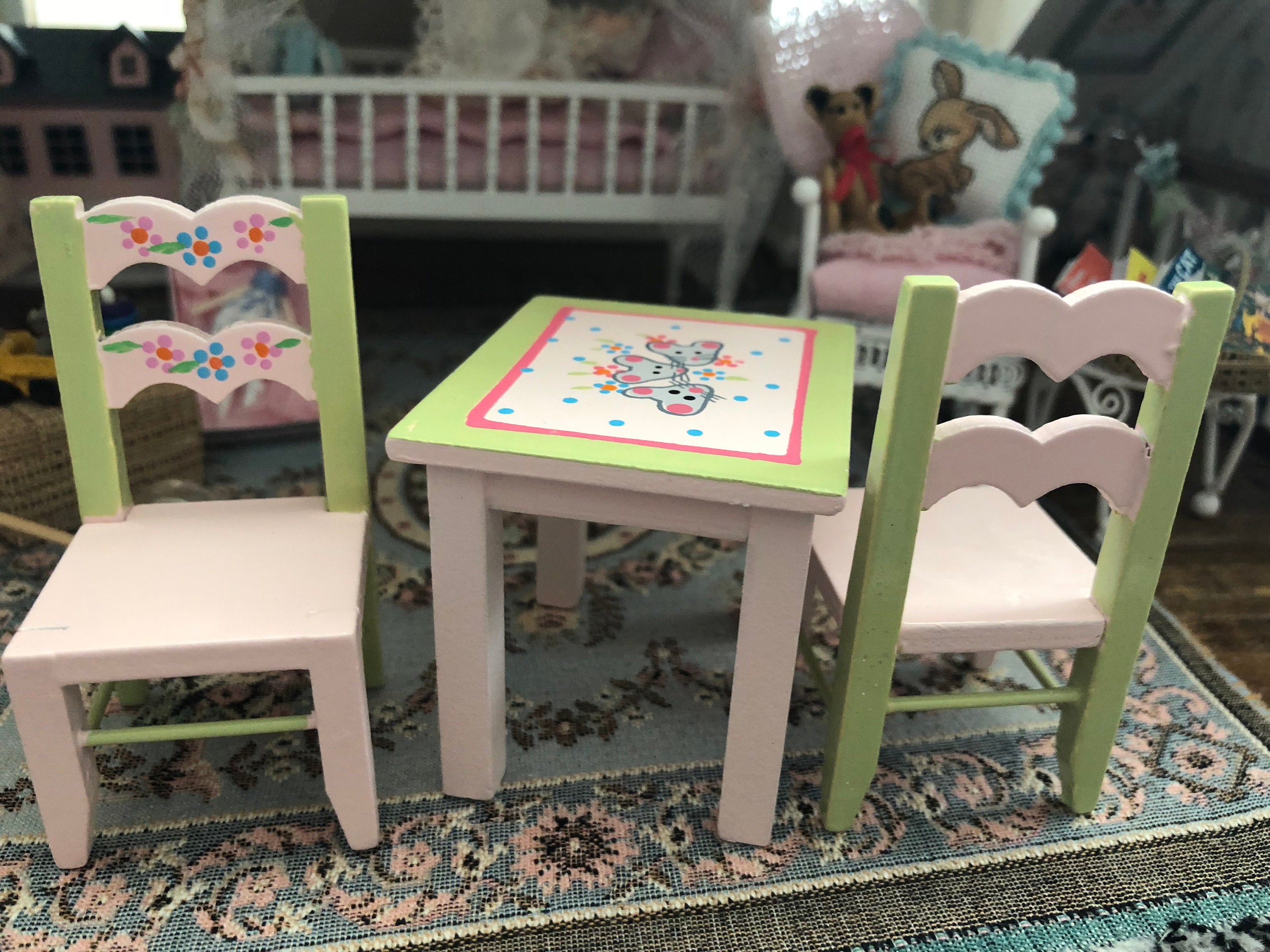Miniature Child Table & Chair Set, Pink and Green Painted Children's