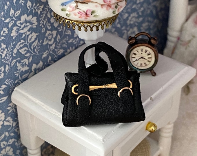 Miniature Black Purse, Mini Handbag, Dollhouse Miniature, 1:12 Scale, Dollhouse Decor, Accessory