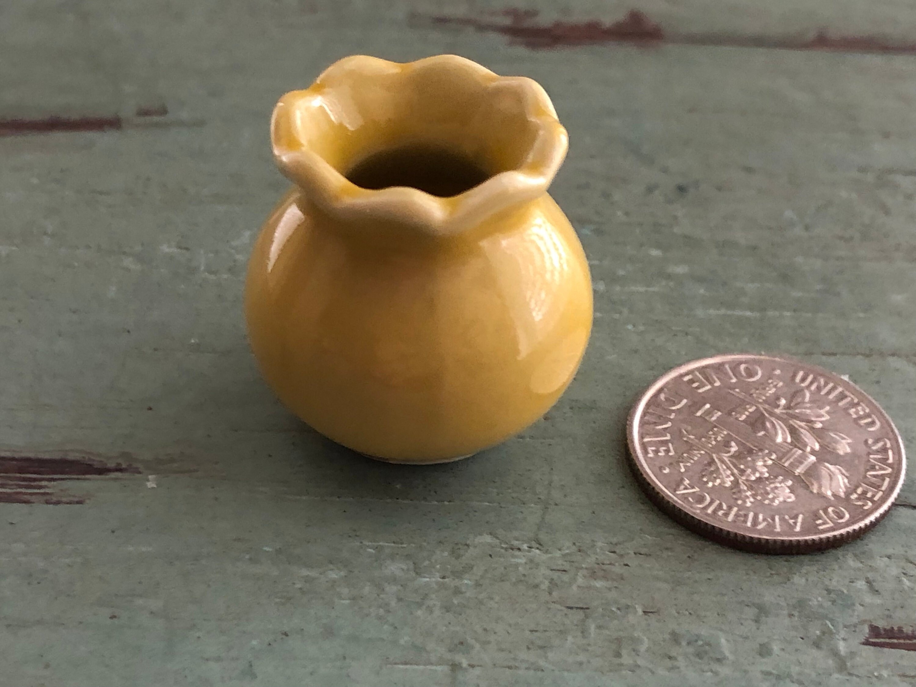 Miniature Ceramic Vase, Round Yellow Fluted Vase, Dollhouse Miniature