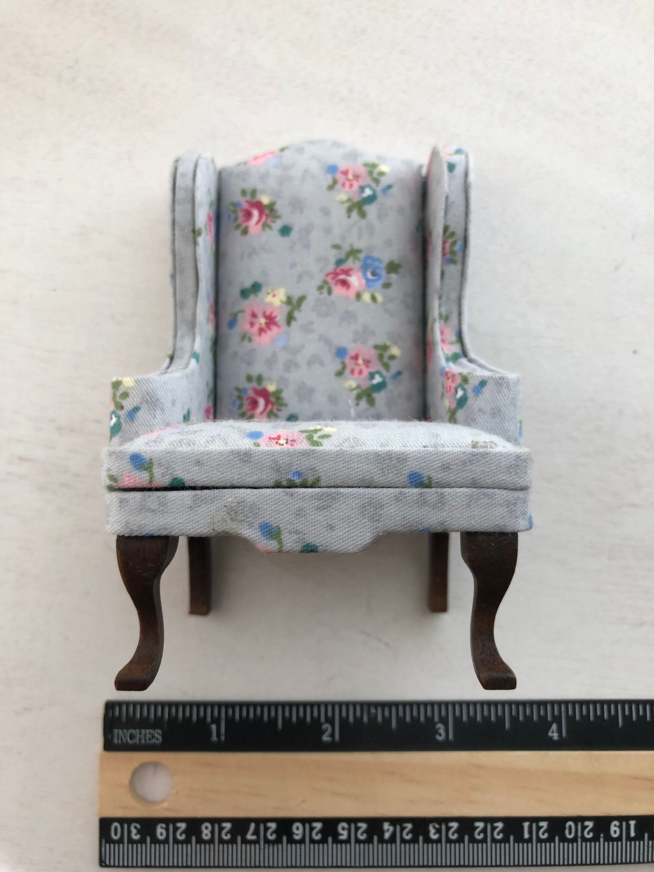 Miniature Armchair, Gray Floral Fabric Chair With Walnut Legs