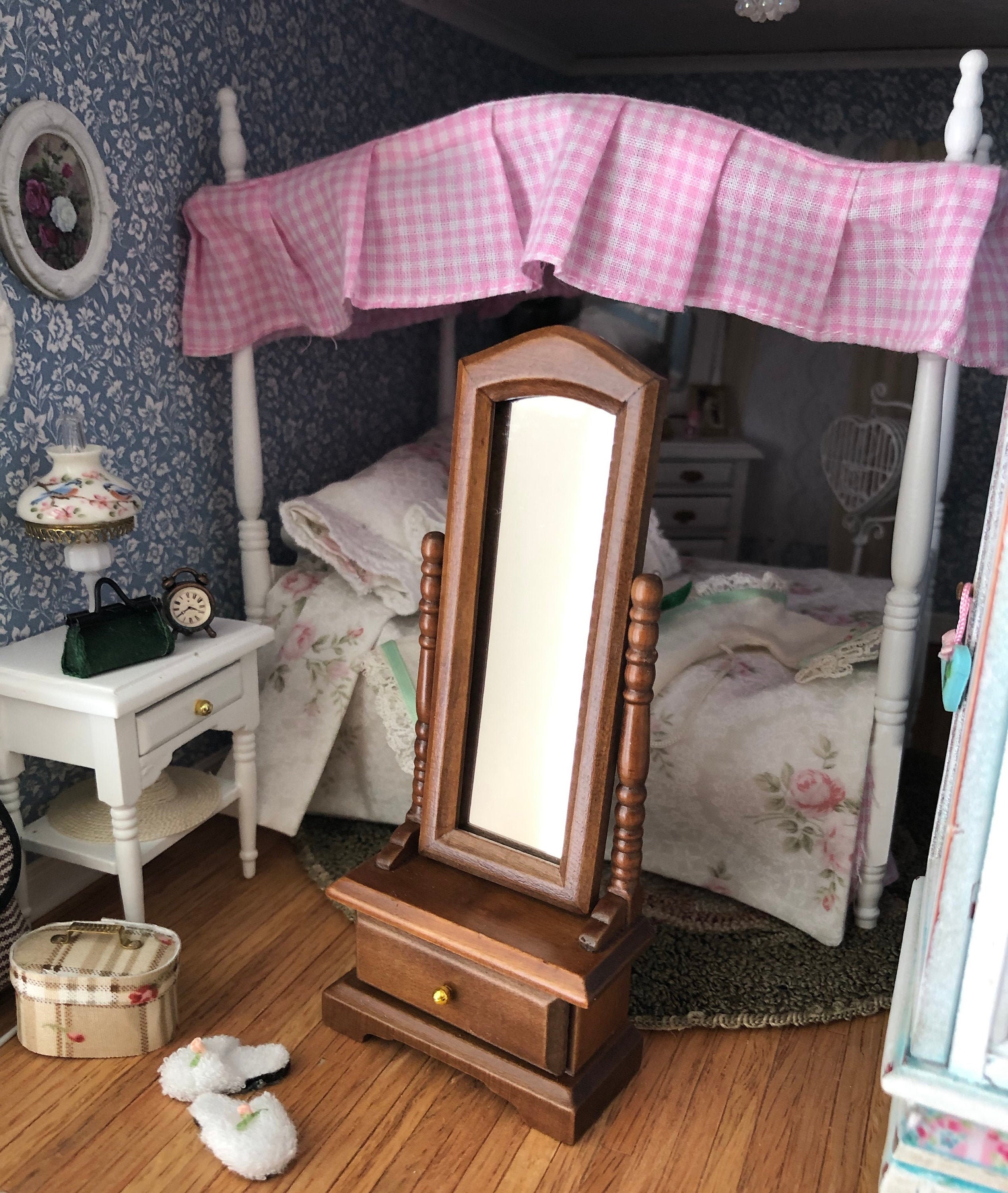 Miniature Standing Mirror with Drawer, Mini Wood Mirror, Dollhouse
