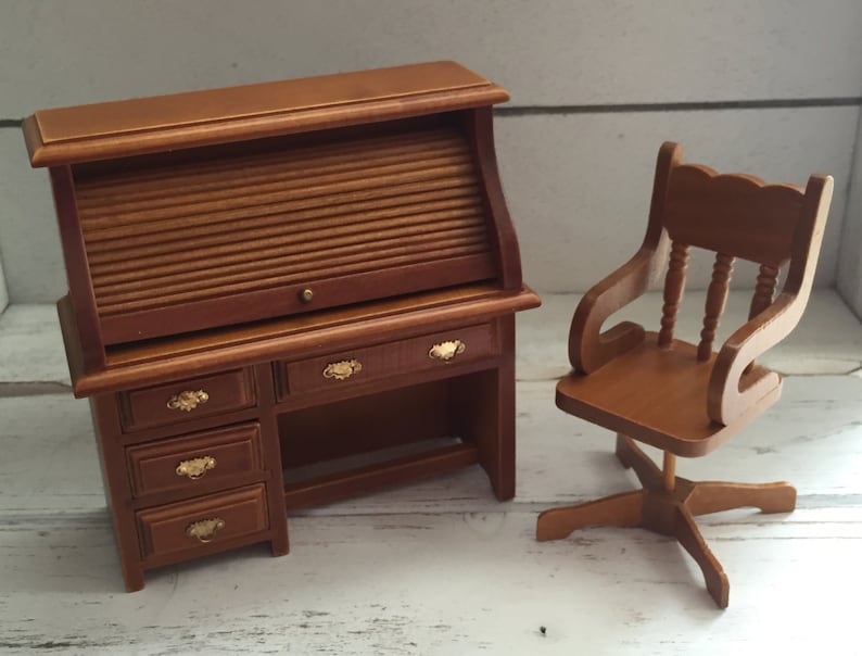 Miniature Roll Top Desk And Swivel Chair Set Wood Dollhouse Etsy