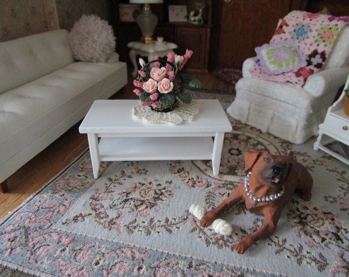 Miniature White Wood Coffee Table, Mini Table With Bottom Shelf, Style 33, Dollhouse Miniature Furniture, 1:12 Scale, Dollhouse Decor