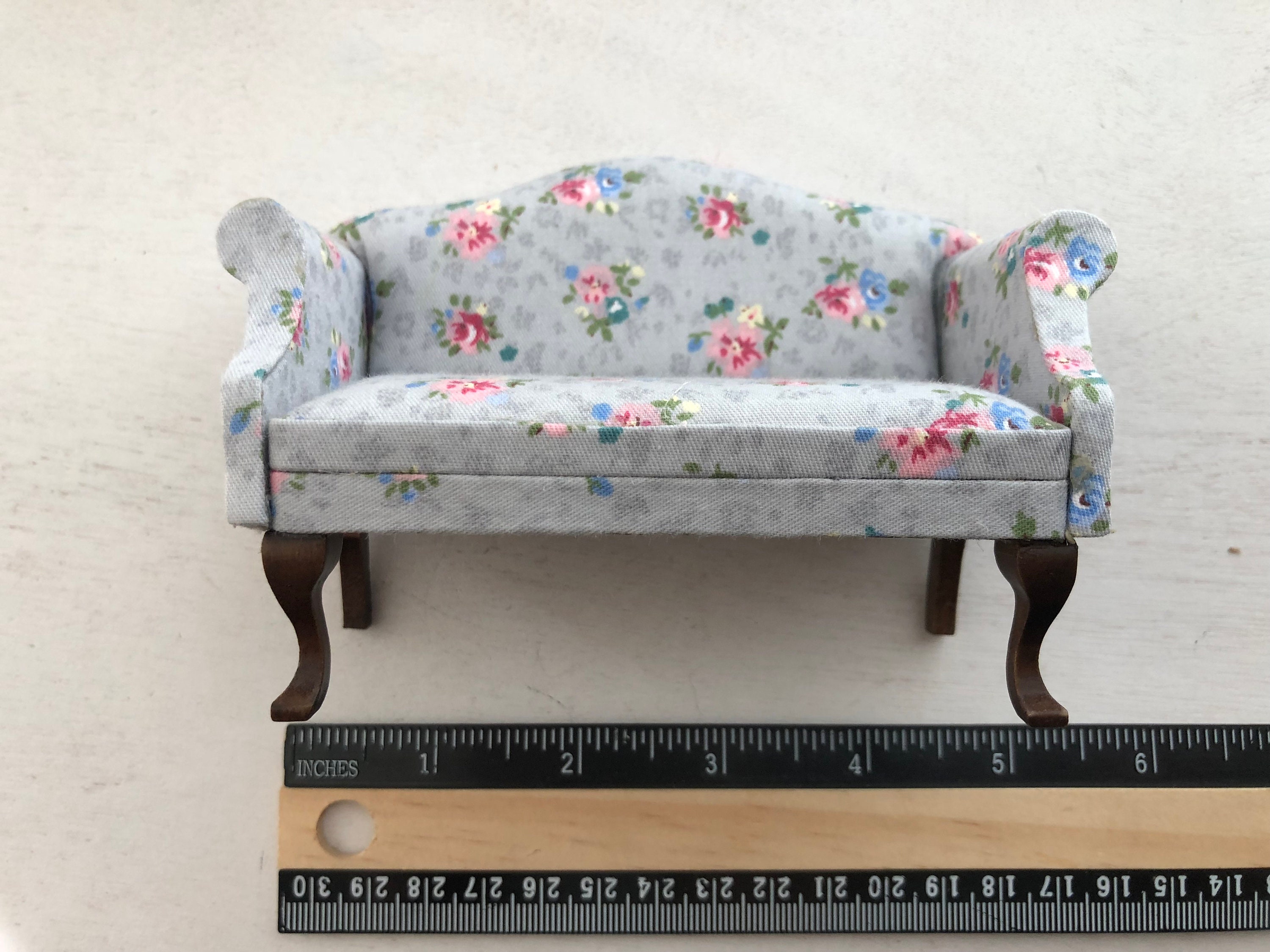 Miniature Sofa, Gray Floral Fabric Sofa With Walnut Legs, Dollhouse