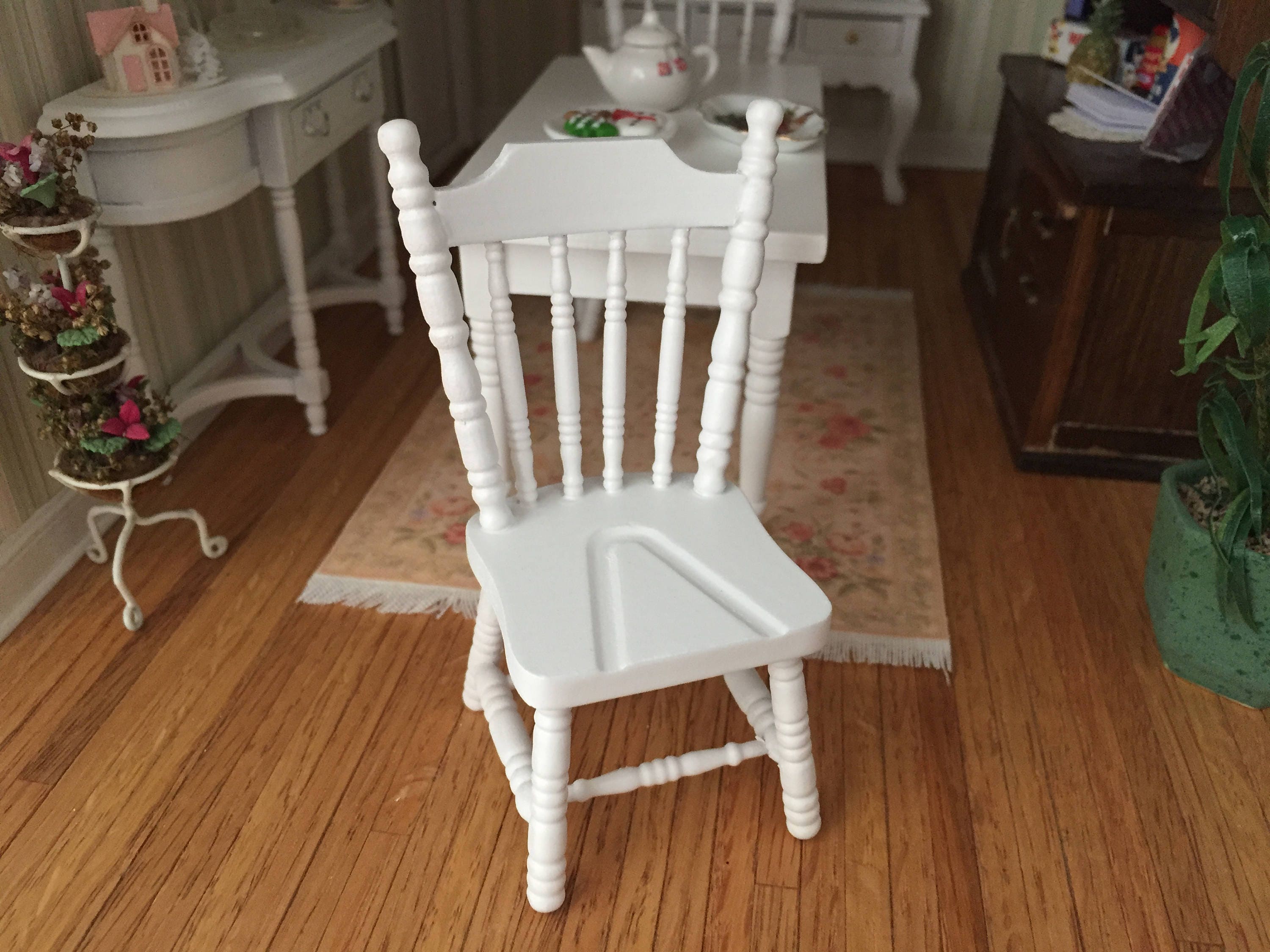 Miniature Chair, White Wood Side Chair, Dollhouse Miniature Furniture