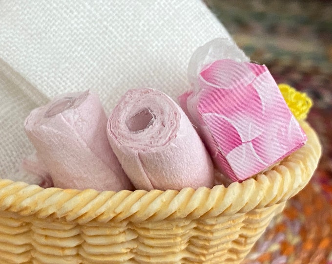 Miniature Pink Tissue Box and 2 Rolls of Toilet Tissue Paper, Dollhouse Miniatures, 1:12 Scale, Dollhouse Bathroom Decor, Accessory