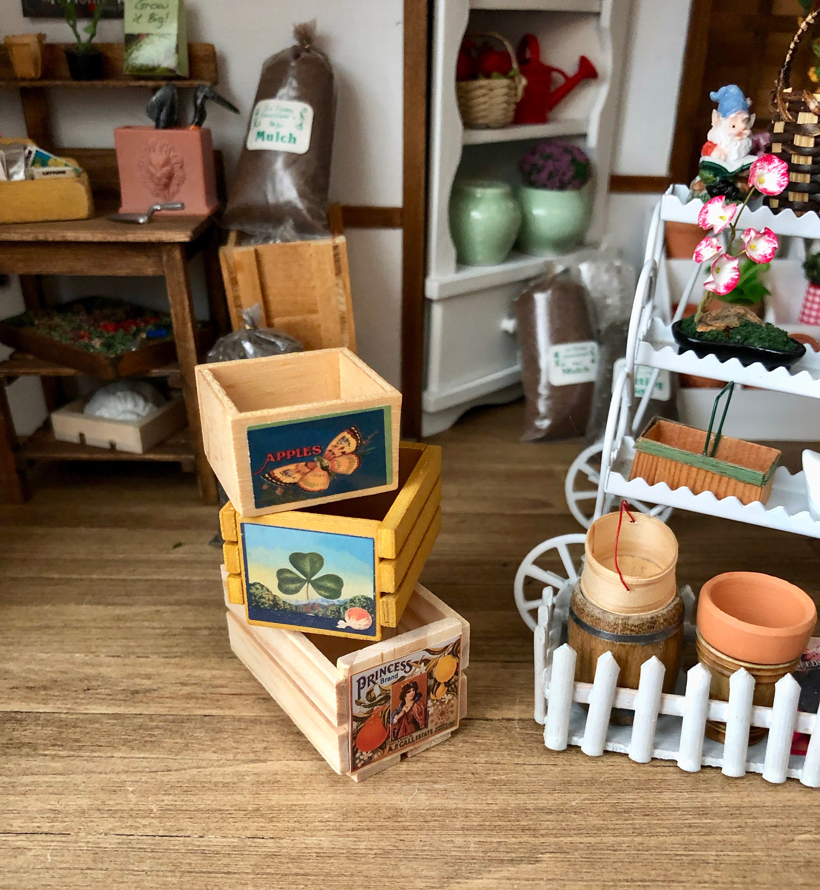 Miniature Wood Crate, Mini Wood Fruit Crate with Butterfly Label, Style 24B, Dollhouse