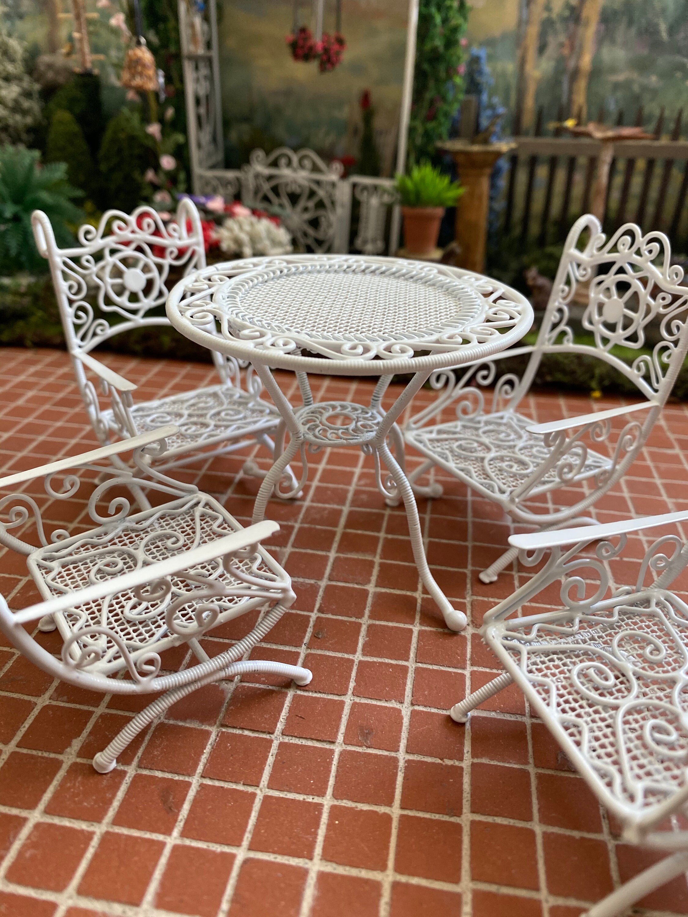 Miniature Patio Set, Mini White Metal Wire Table And Chairs, 5 Piece