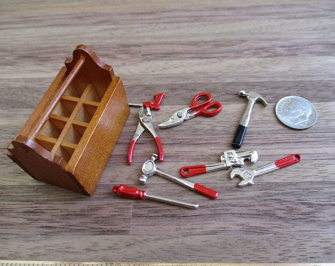 Miniature Wood Tool Box With Tools, Dollhouse Miniature, 1:12 Scale, 8 Piece Set, Tote Tool Box, Dollhouse Decor, Embellishment, Crafts