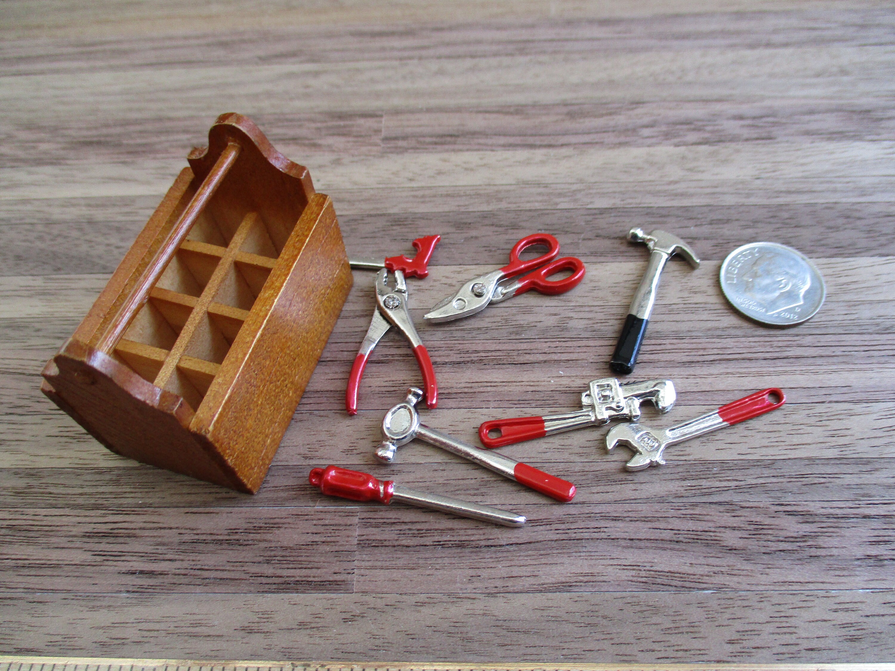 Miniature Wood Tool Box With Tools, Dollhouse Miniature, 112 Scale, 8