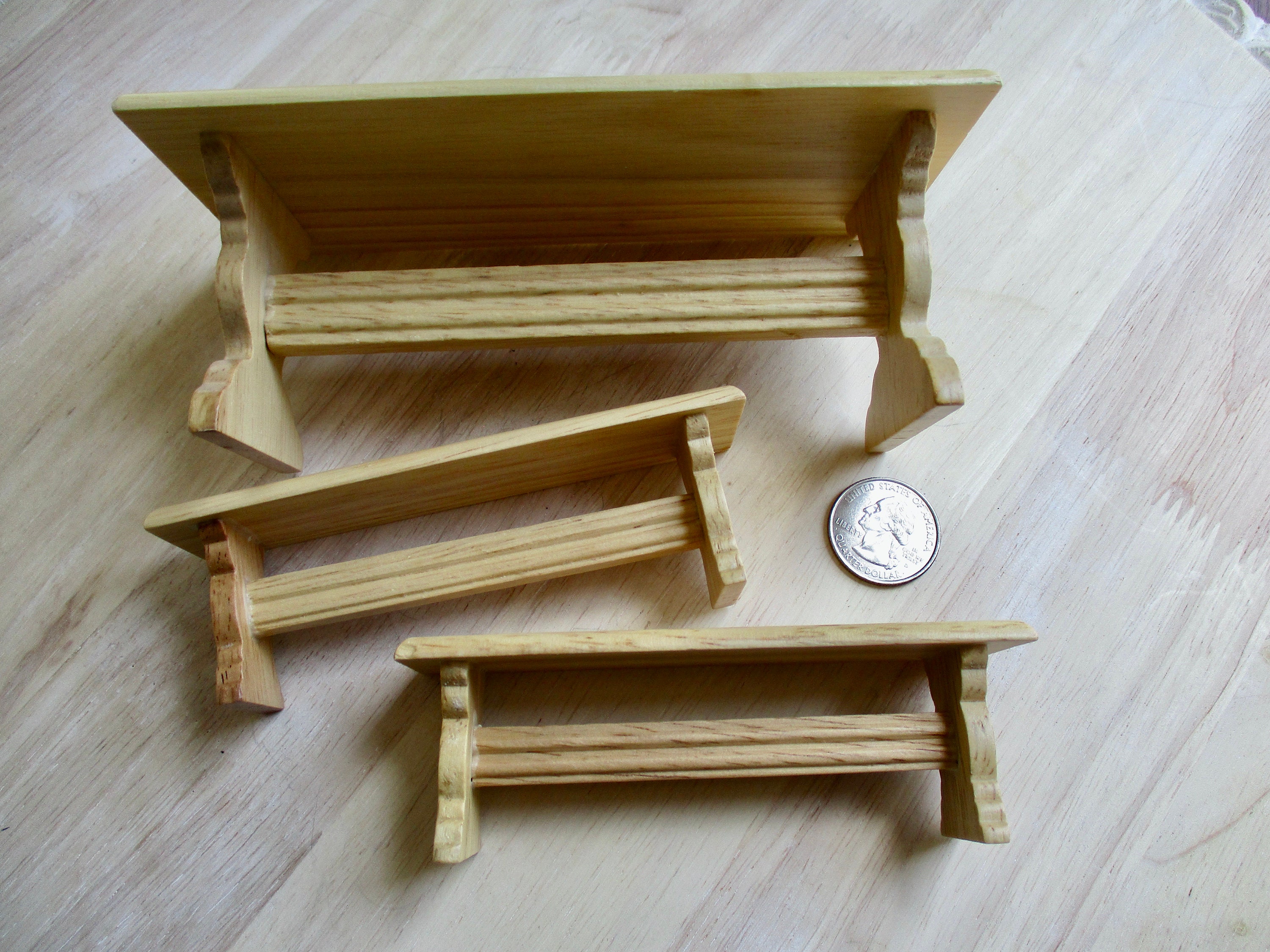 Miniature Table And Bench Set, Mini Wood Oak Finish Table With 2