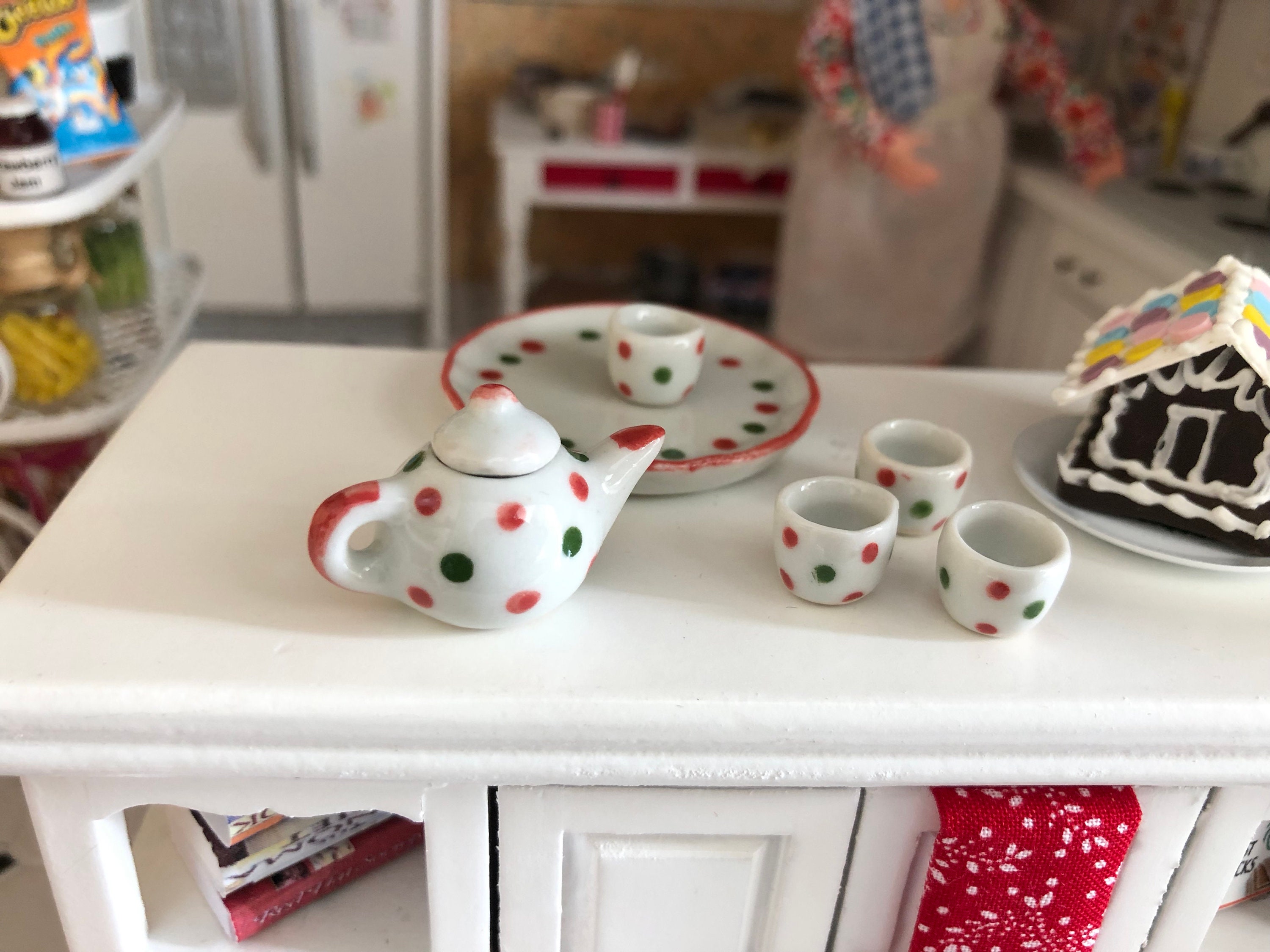 Miniature Tea Set, Green and Red Polka Dot Tea Set, 7 Piece Set