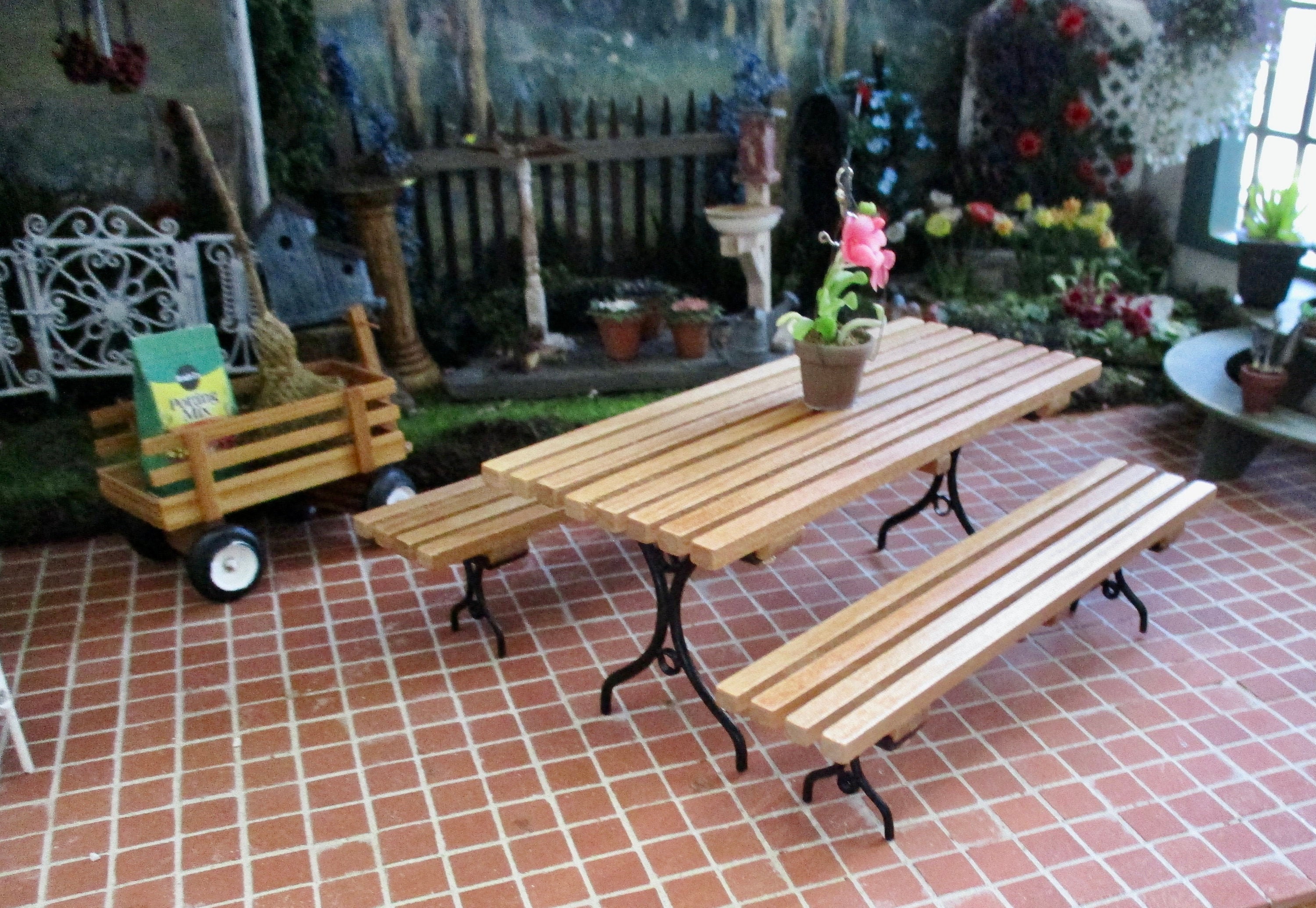 Miniature Picnic Table and Benches, 3 Pc Set, Wood And Metal Mini