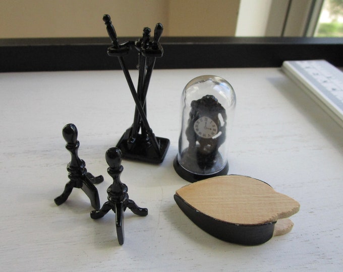 Miniature Fireplace Accessories, Fireplace Tools, Mantle Clock Under Dome, Dollhouse Miniatures, 1:12 Scale, Dollhouse Decor, 8 Piece Set