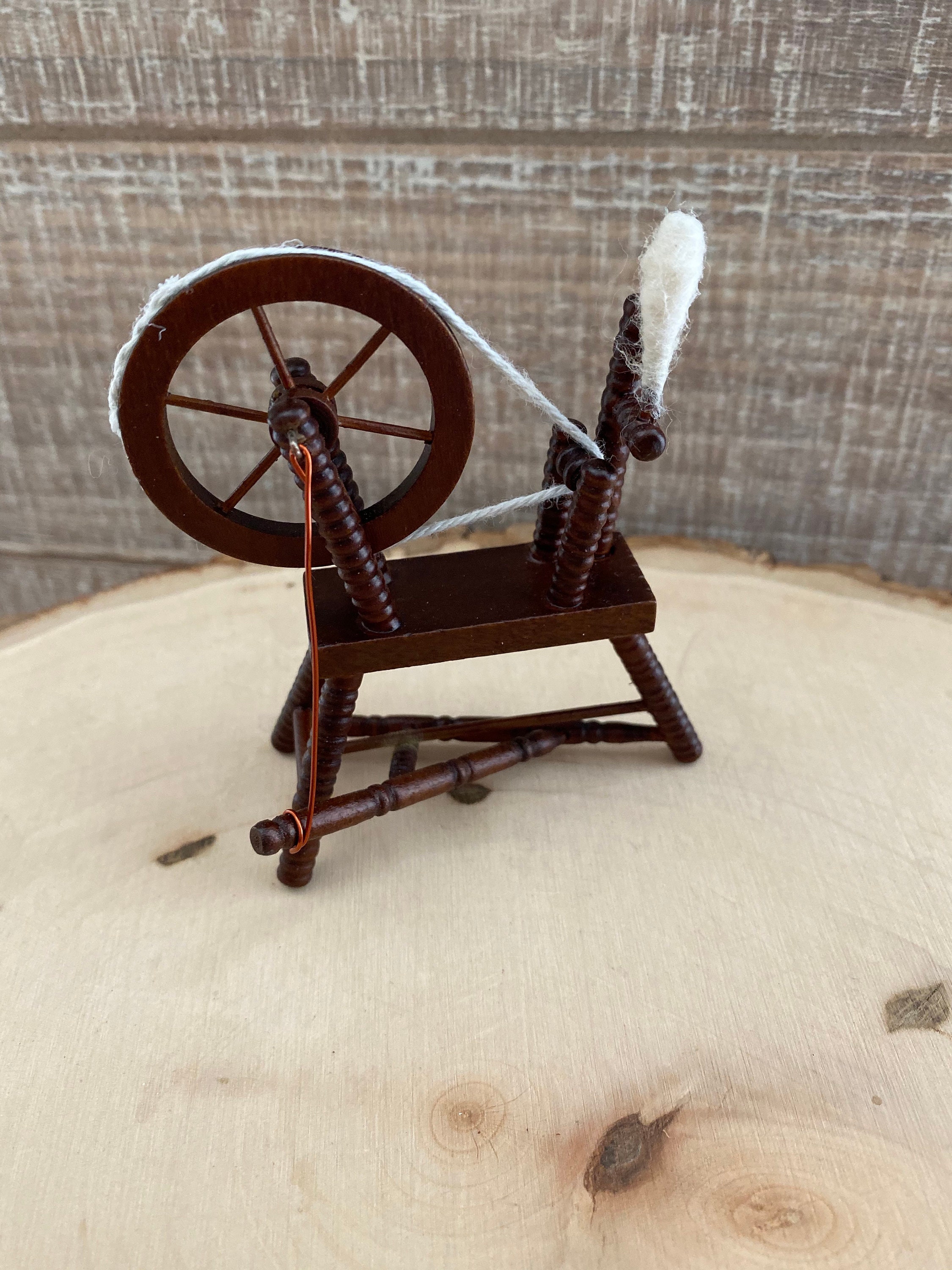 Miniature Spinning Wheel, Walnut Finish Wood Wheel, Dollhouse Miniature
