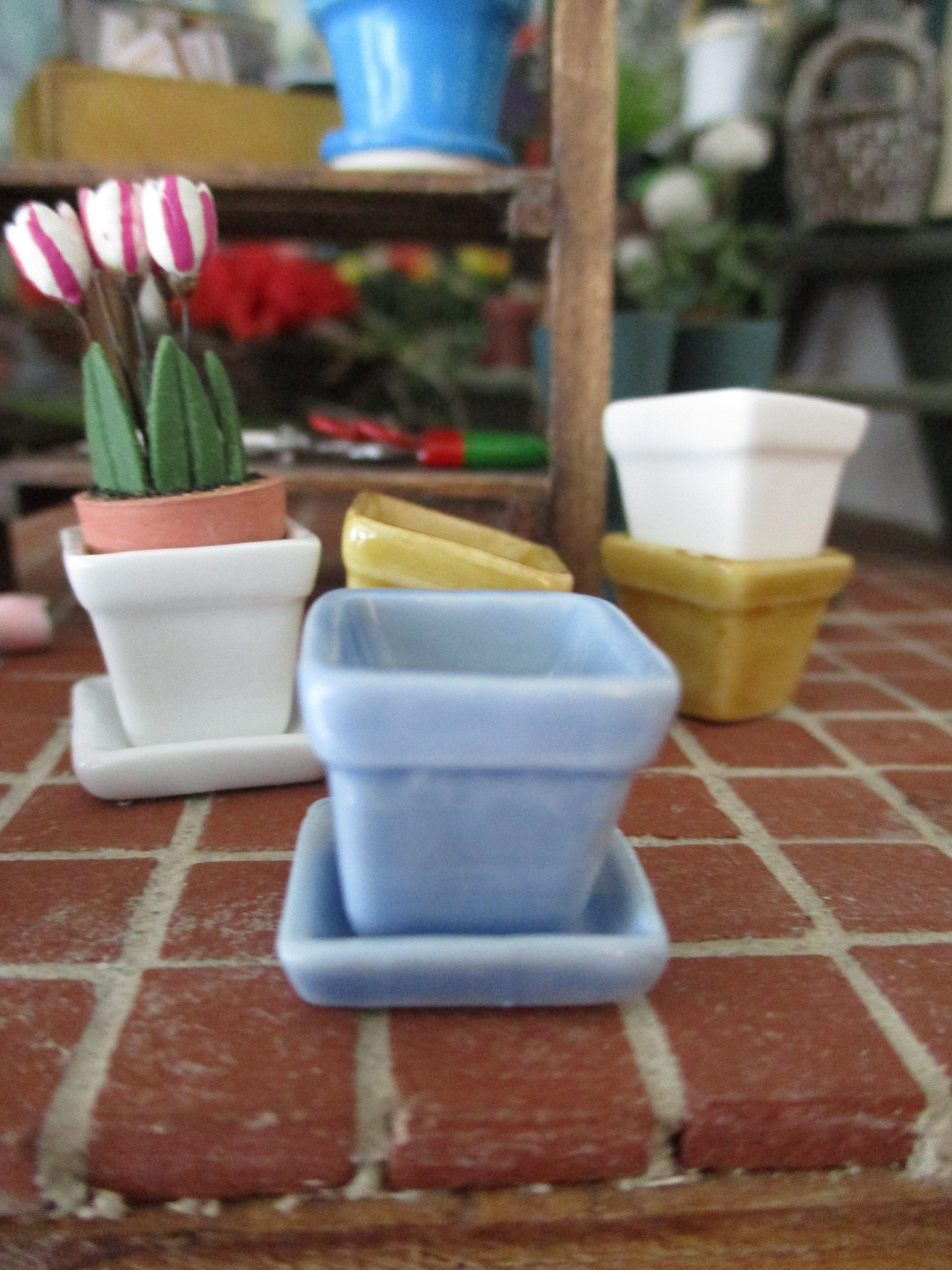 Miniature Flower Pot With Base, Mini Blue Square Ceramic Flower Pot