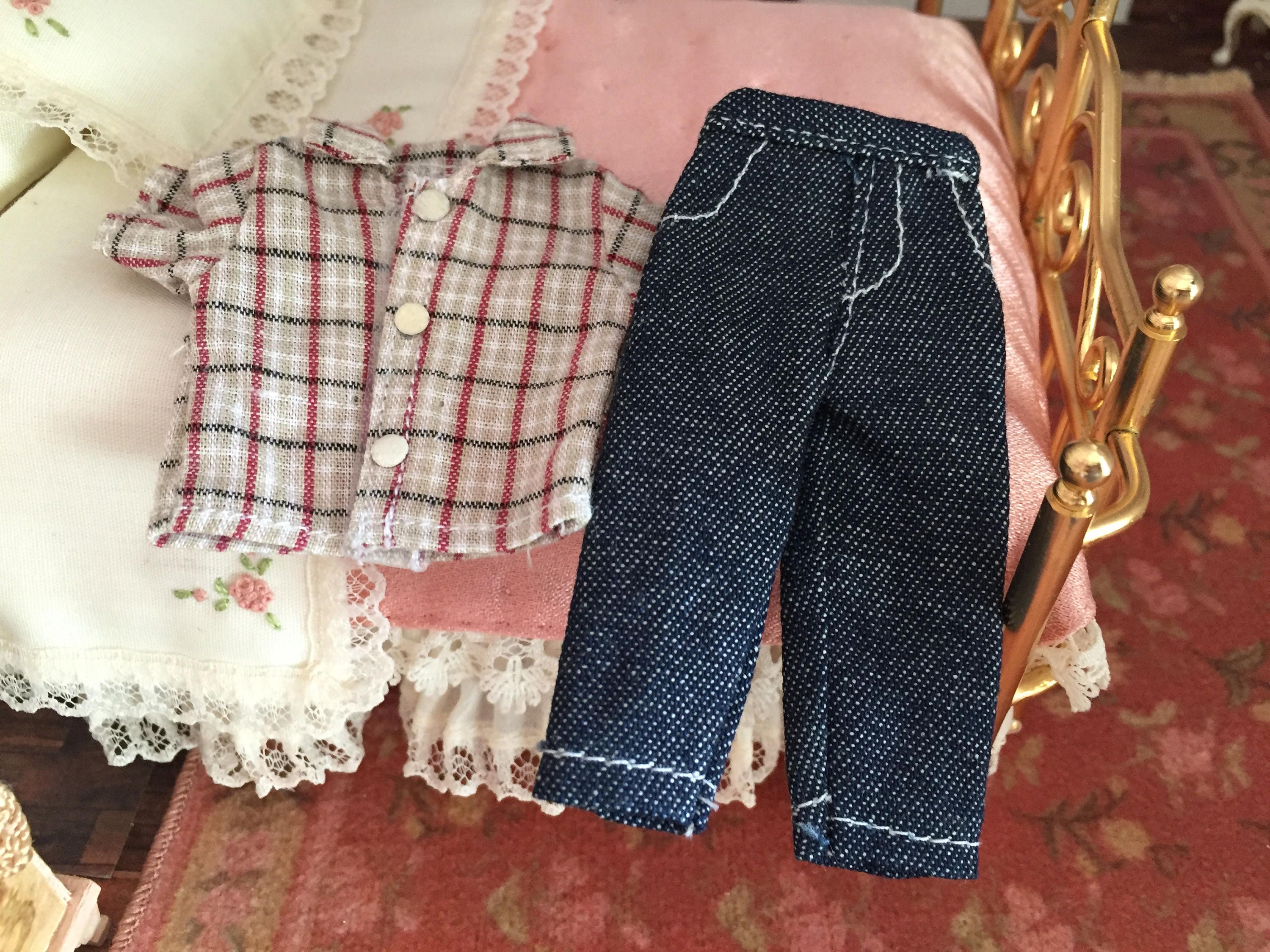 Miniature Jeans and Shirt, Mini Plaid Shirt and Denim Pants, Dollhouse