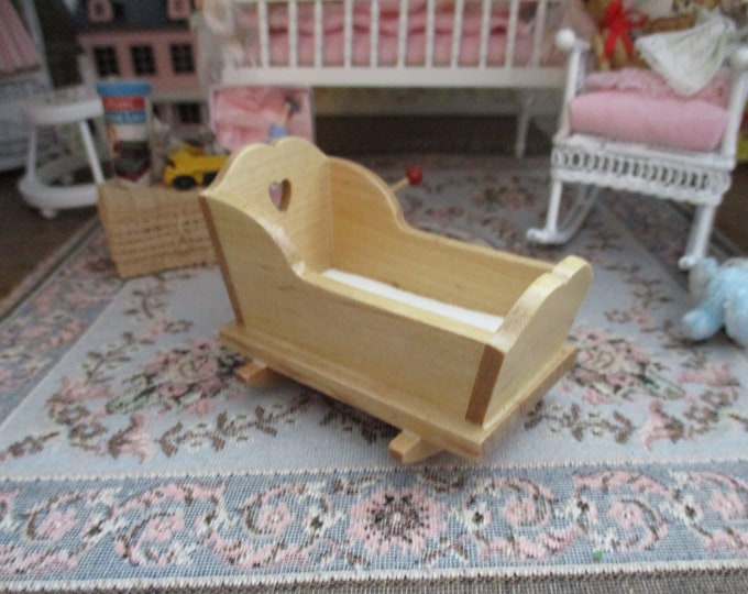 Miniature Cradle, Mini Oak Finish Wood Rocking Cradle, Dollhouse Miniature Furniture, 1:12 Scale, Dollhouse Nursery Decor