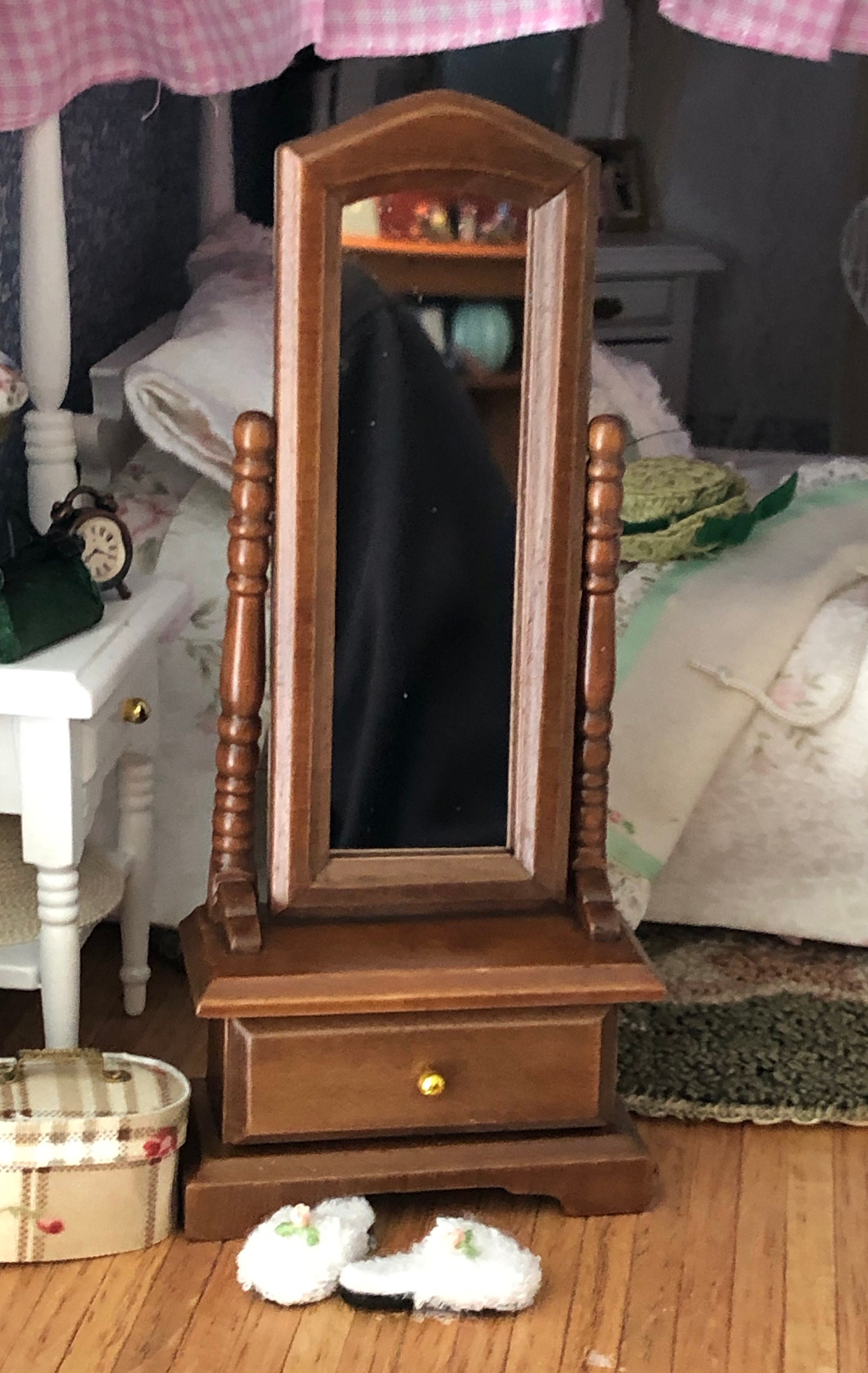 Miniature Standing Mirror with Drawer, Mini Wood Mirror, Dollhouse