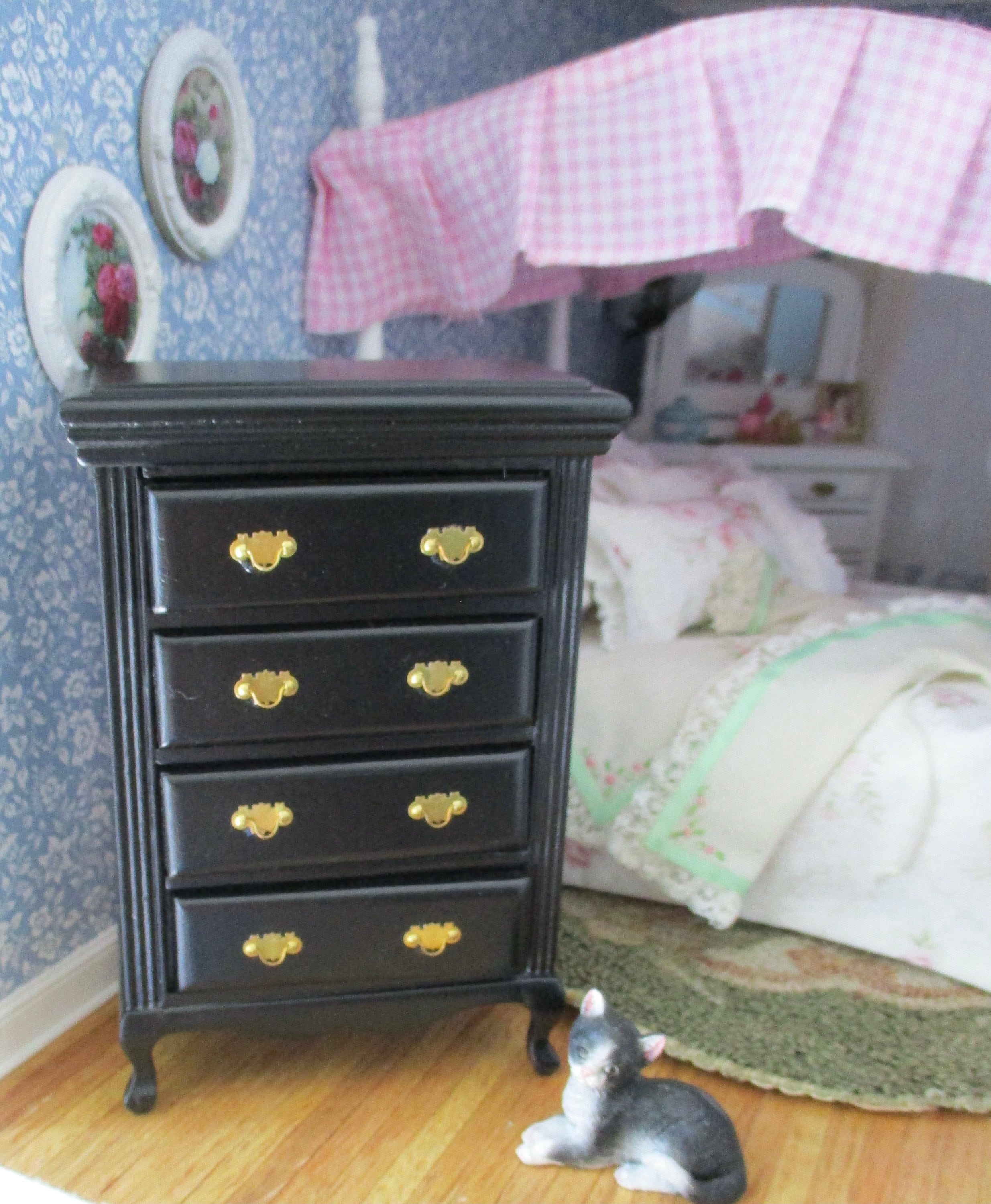 Miniature Dresser, Mini Black Wood 4 Drawer Chest, Style 72, Dollhouse