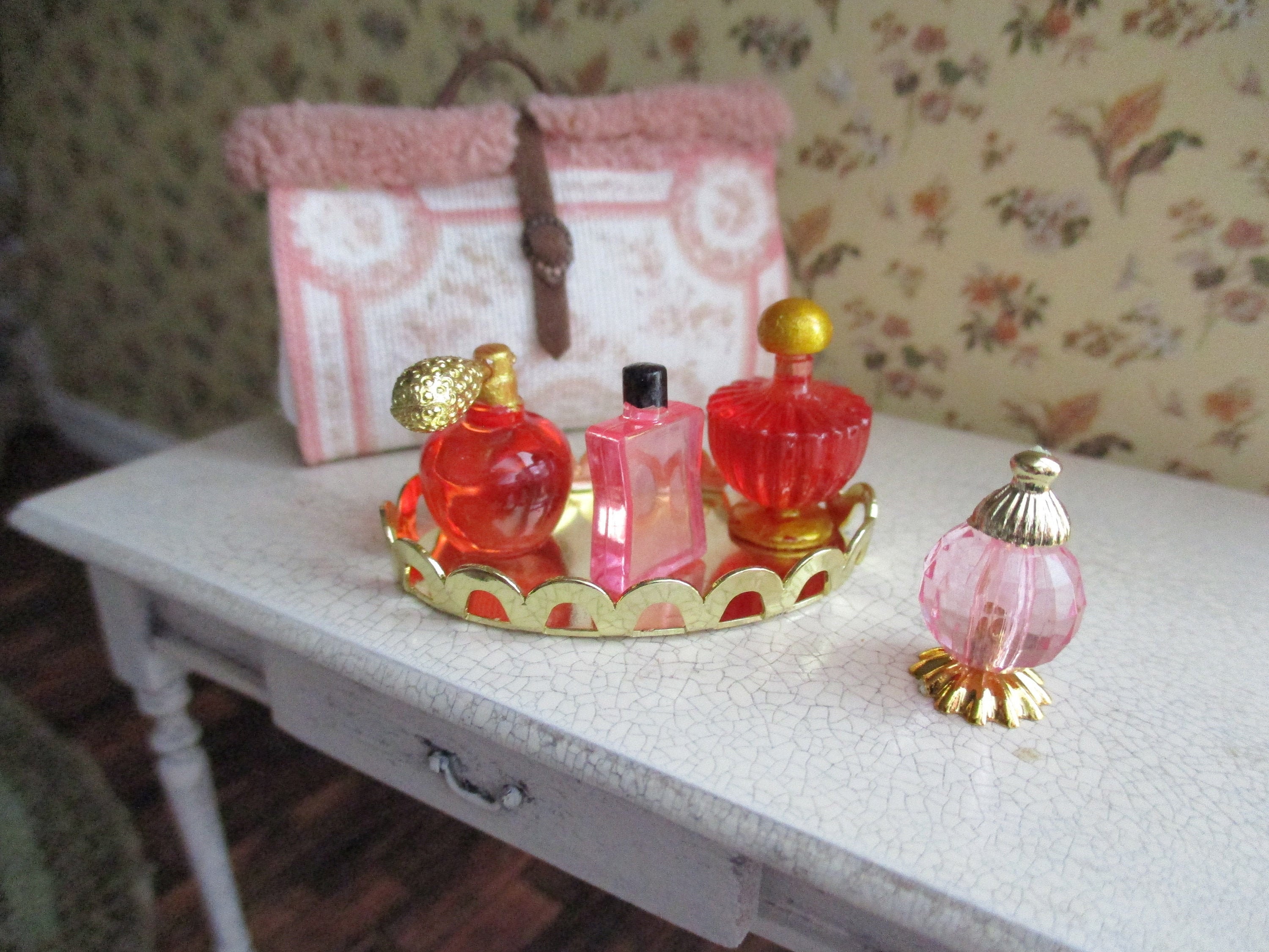 Miniature Perfume Set, Mini Perfume Bottles and Gold Dresser Tray, 5